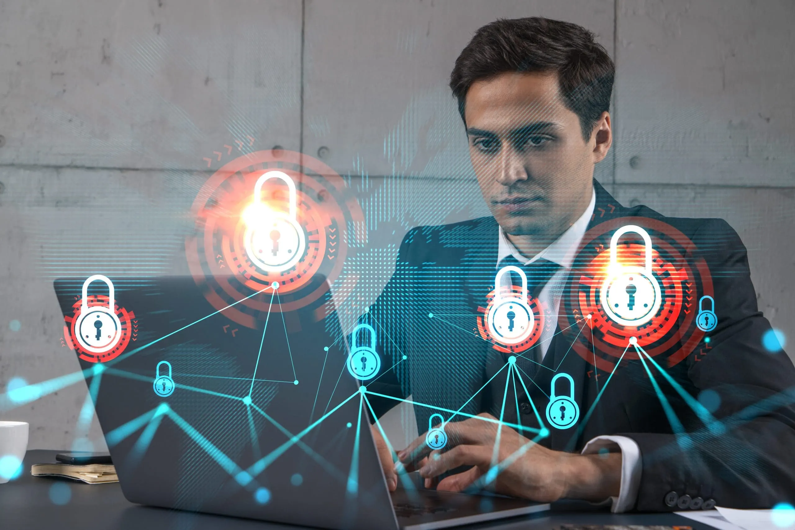 USA Identity and Access Management Market Outlook to 2030 businessman-office-working-with-laptop-develop-data-protection-system-diminish-business-risks-typing-computer-double-exposure-1-scaled