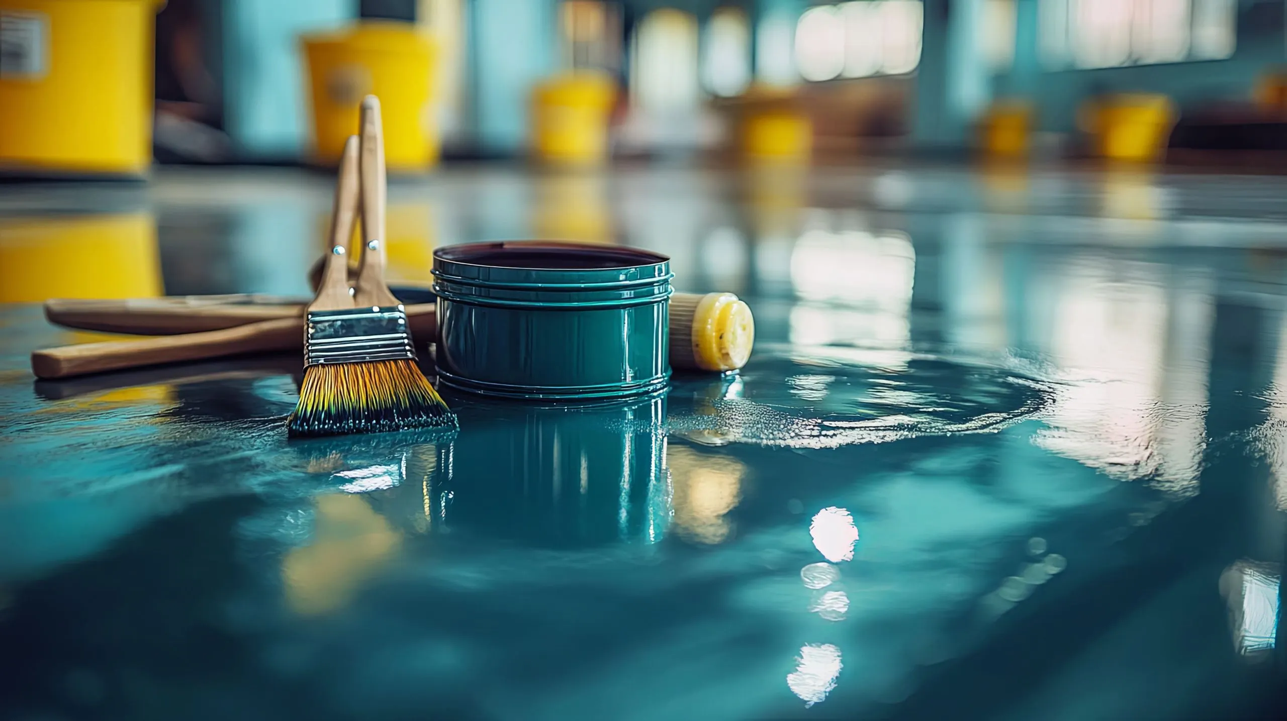 USA Polyurea Coatings Market Outlook to 2030 paint-can-paintbrushes-yellow-container-teal-surface-1-scaled