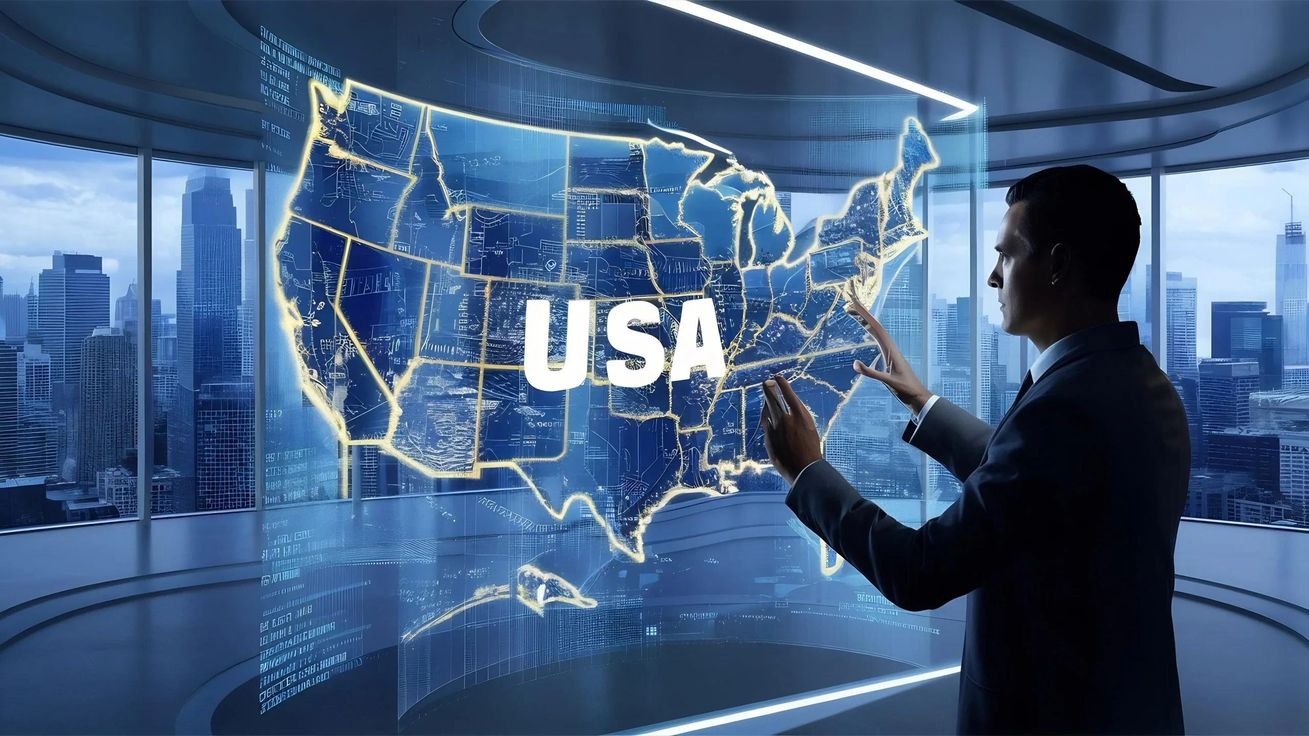 USA Mobility-as-a-Service (MaaS) Market Outlook to 2030 businessman-using-usa-world-map-interface-3d-rendering-1-1-scaled
