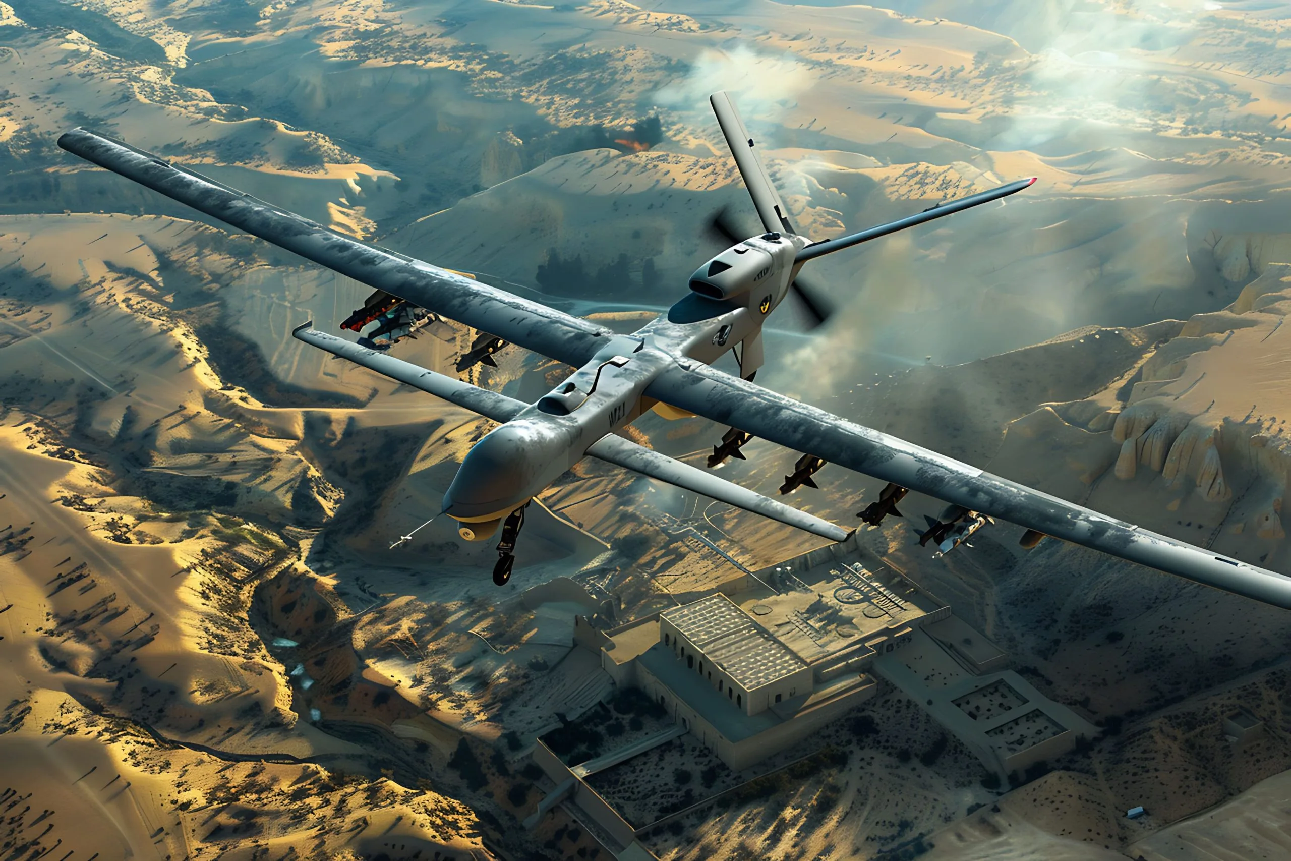Israel aerial smart weapons Market outlook to 2035 drone-warfare-aerial-view-military-drone-flying-desert-landscape-1-scaled