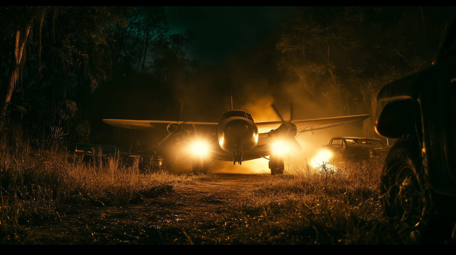 plane-prepares-takeoff-dense-forest-night-illuminated-by-headlights-casting-eerie-glow-surroundings-1-1