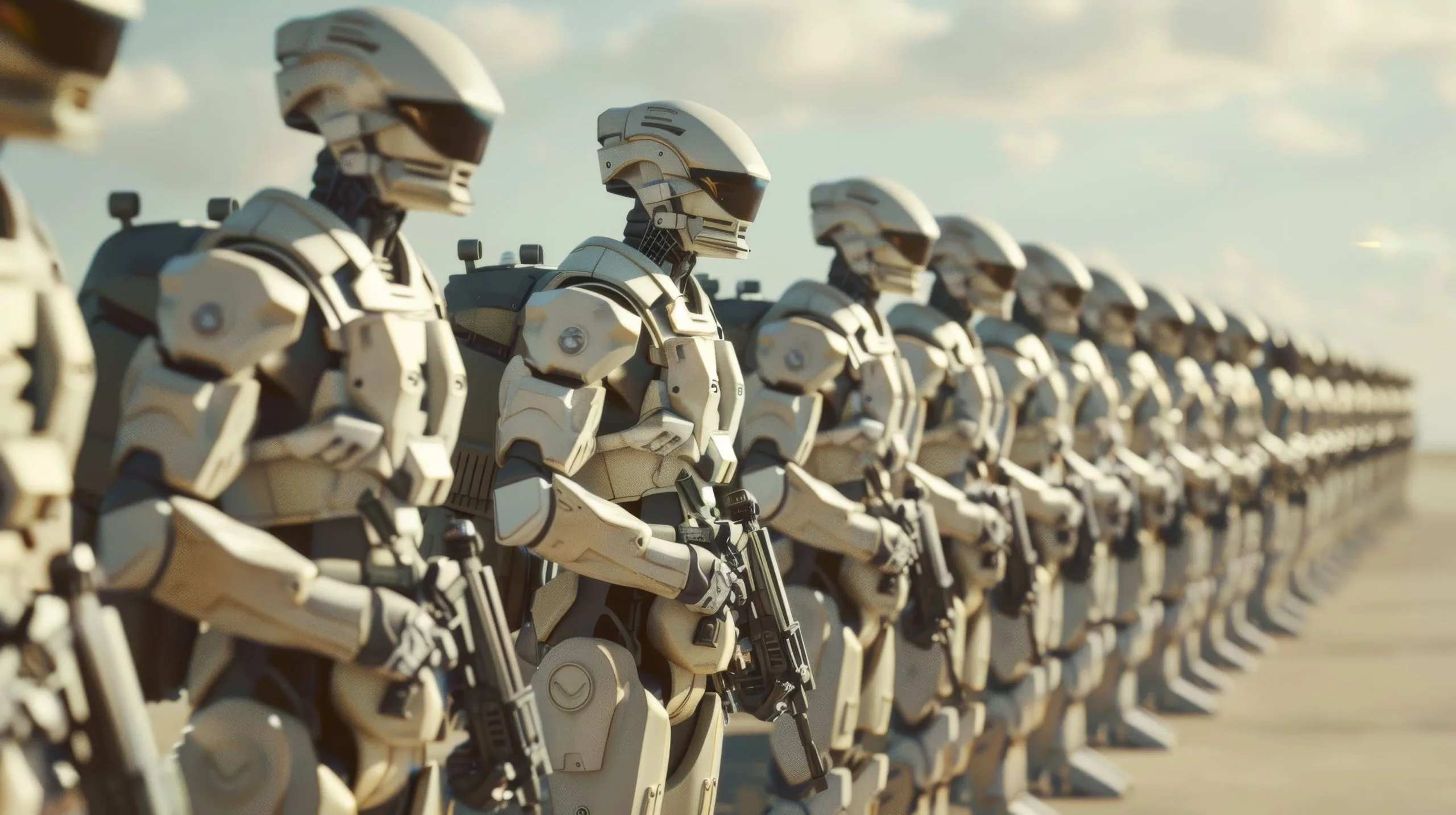 Israel military exoskeleton Market outlook to 2035 regiment-humanoid-robots-stands-perfectly-straight-line-against-bright-clear-sky-showcasing-advanced-technology-precision-1-scaled