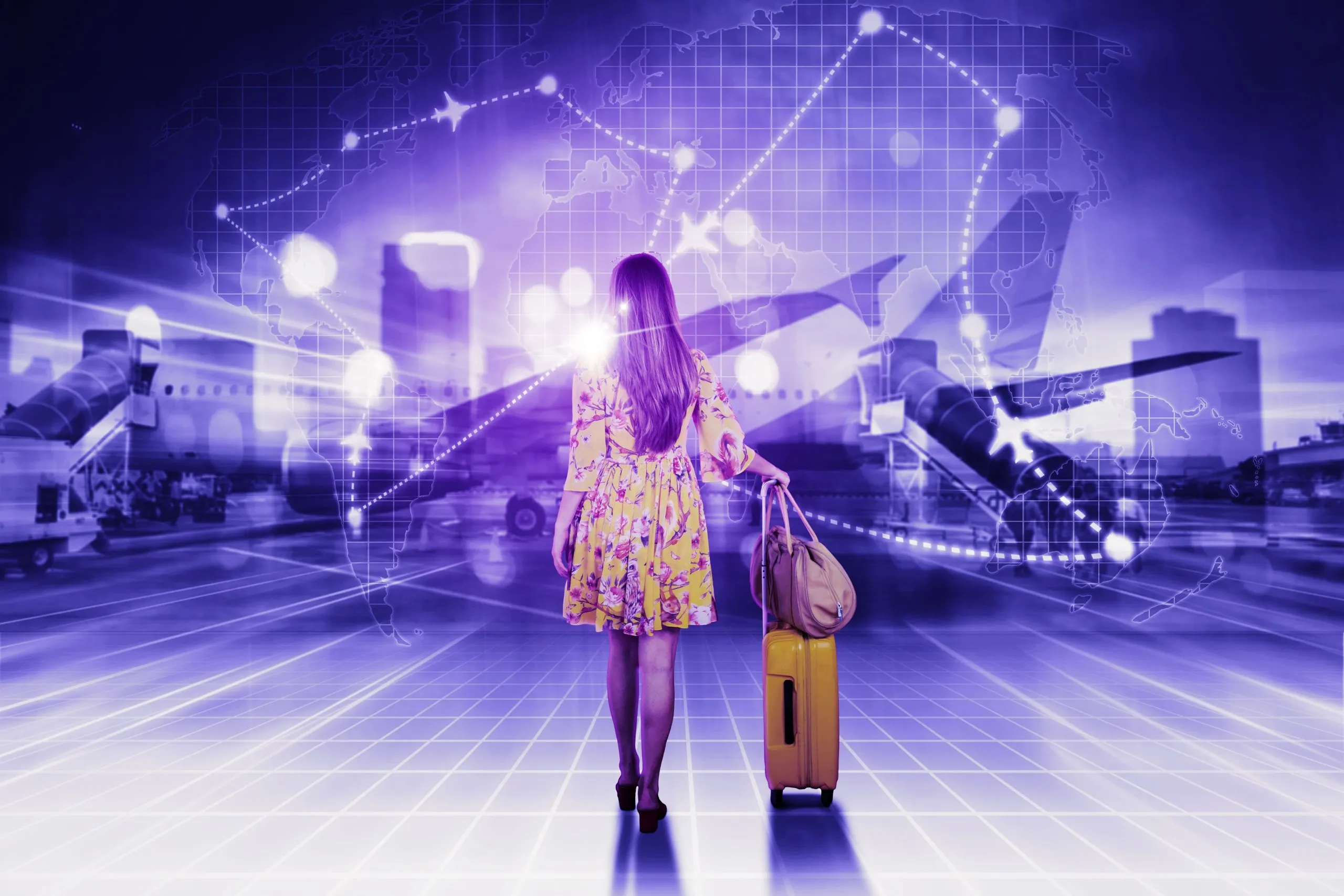 Qatar in flight entertainment and connectivity Market outlook to 2035 woman-walking-airport-with-flight-routes-1-scaled