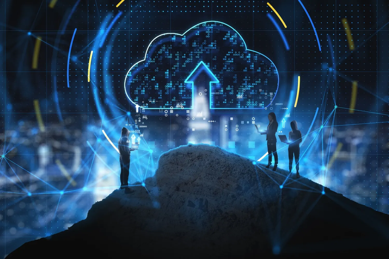 UAE Cloud Infrastructure Market Outlook to 2035 abstract-people-mountain-using-laptops-with-glowing-cloud-computing-hologram-blurry-city-background-database-information-concept-double-exposure-1