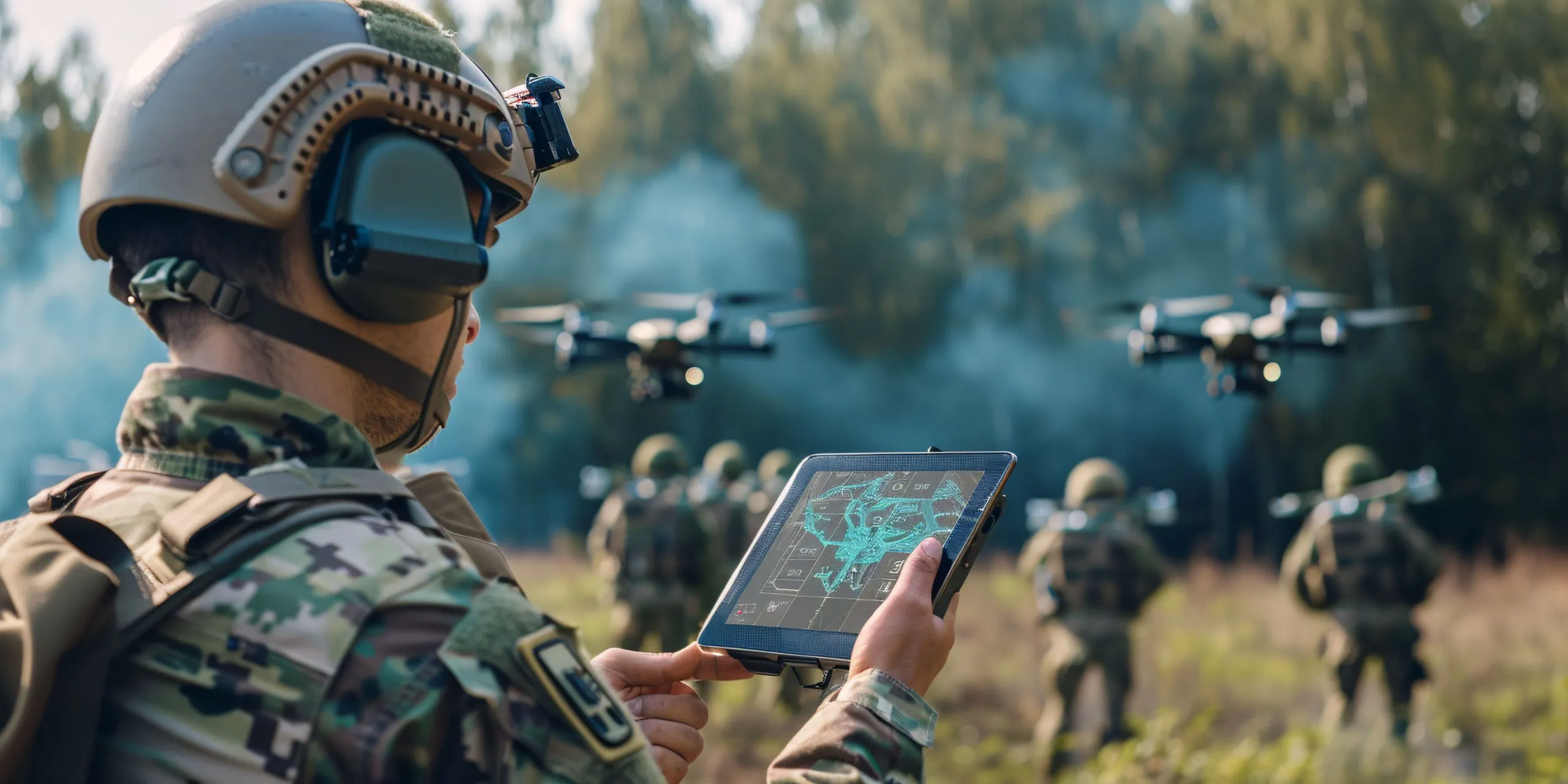 KSA Land Based Smart Weapons Market outlook to 2035 advanced-military-technology-tactical-analyst-monitoring-military-squad-communication-using-unmanned-aerial-vehicles-army-leader-using-virtual-tablet-direct-troops-outdoor-setting-1-scaled