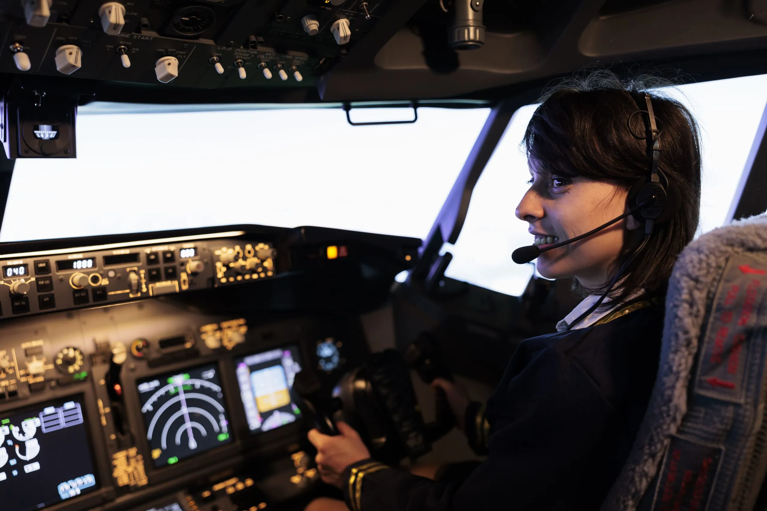 Qatar aviation headsets Market outlook to 2035 aircrew-member-flying-plane-from-cockpit-with-dashboard-command-control-panel-using-steering-wheel-control-panel-windscreen-navigation-woman-using-lever-fly-aircraft-1-scaled