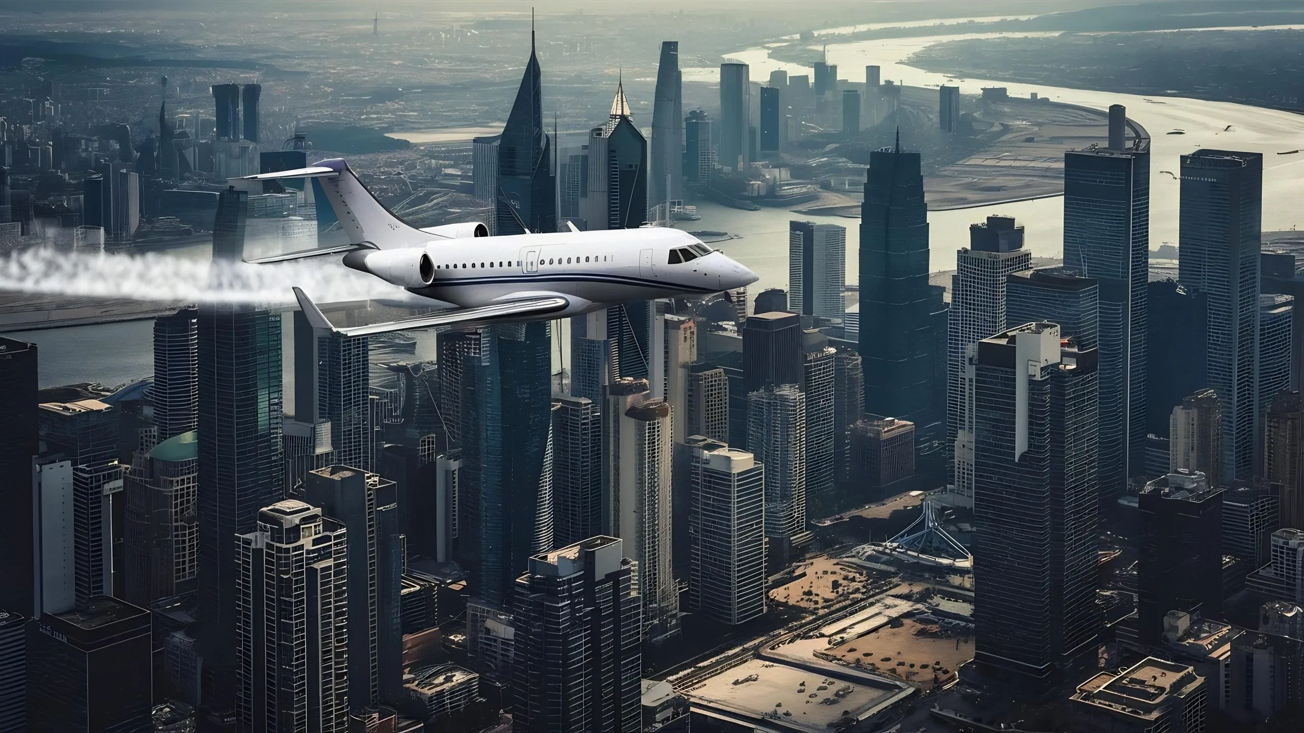 UAE connected aircraft Market outlook 2035 airplane-flying-city-business-buildings-high-rise-skyscrapers-1-scaled