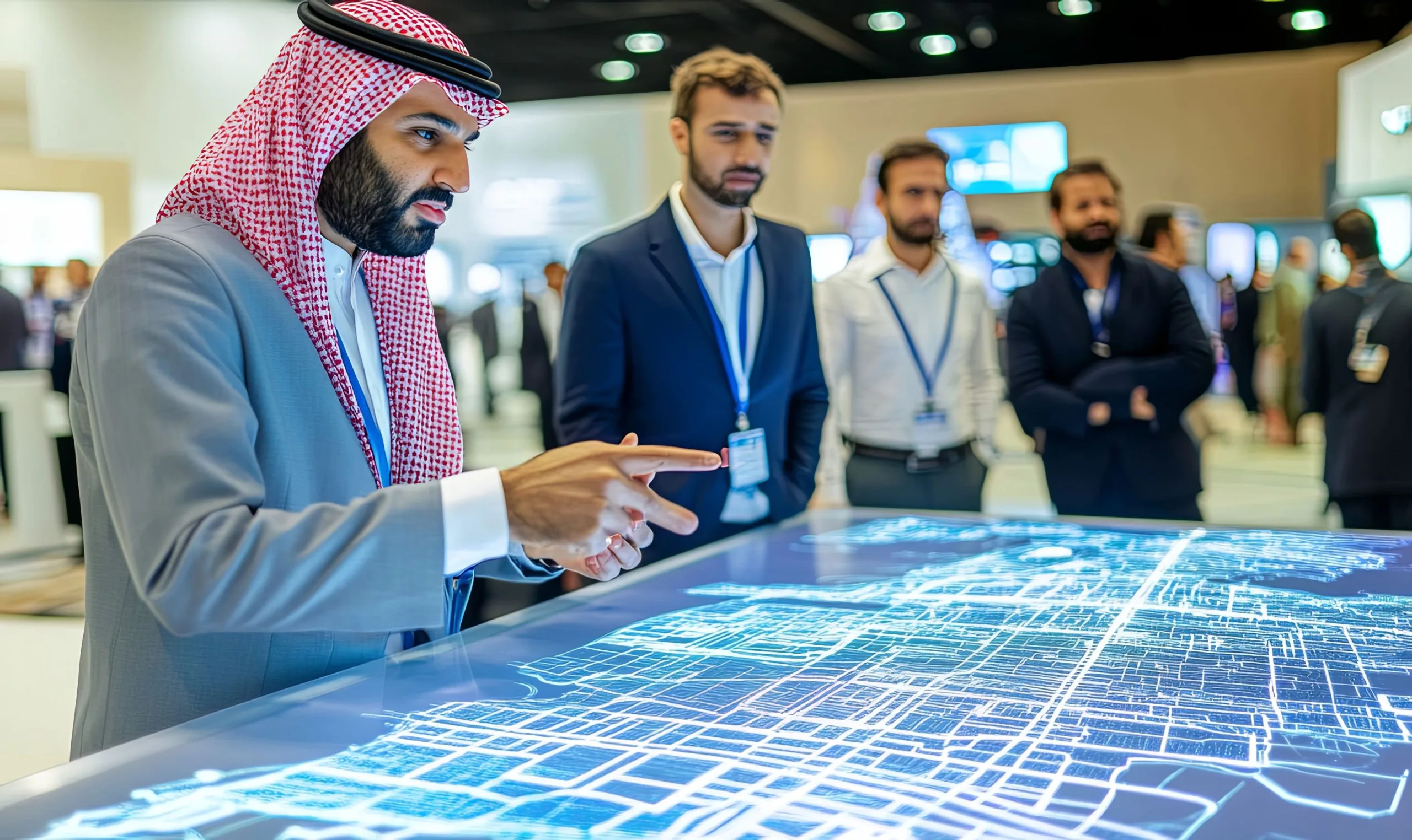 KSA defense electronics Market outlook 2035 businessman-traditional-arabic-clothing-points-interactive-map-display-business-conference-1-scaled
