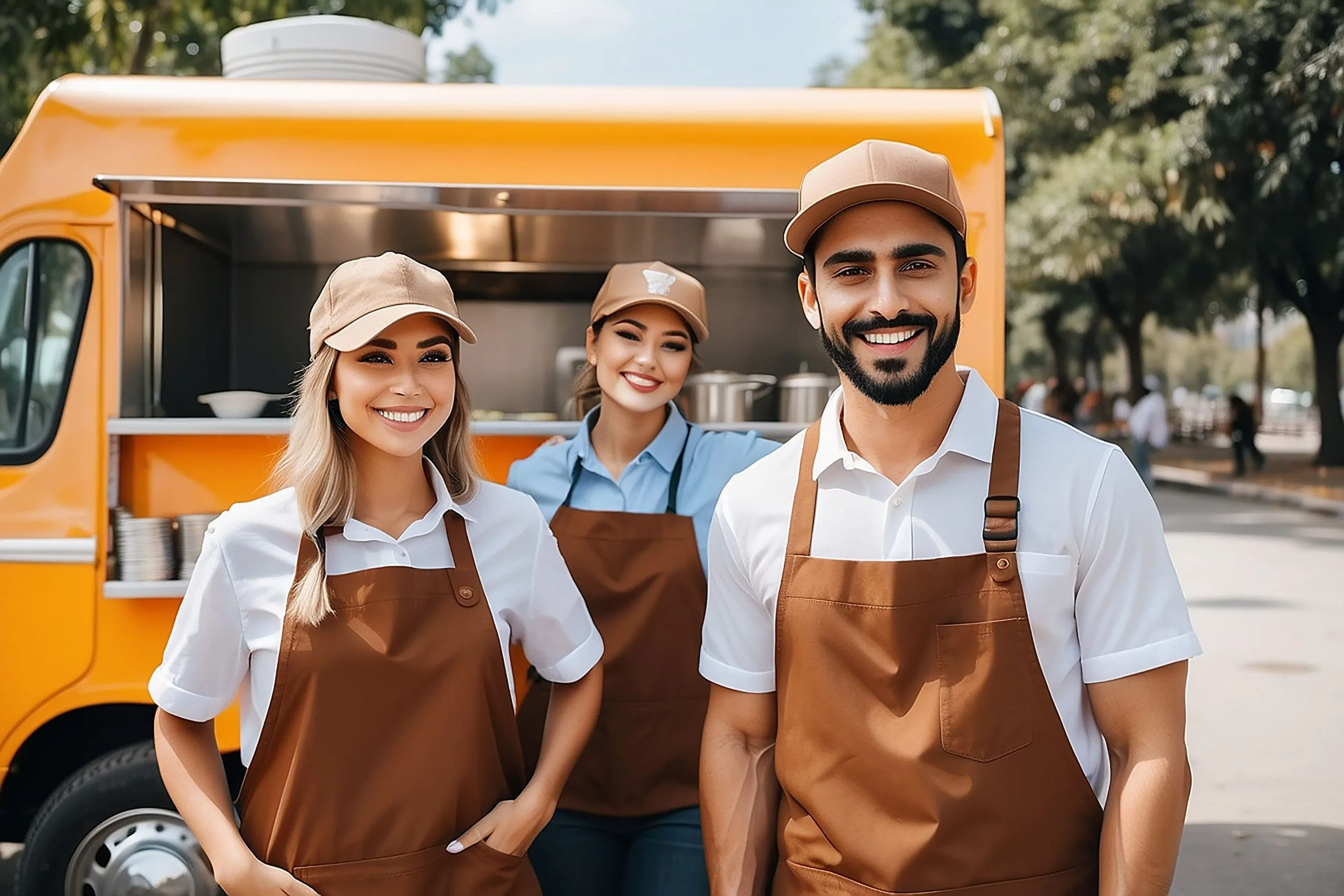 USA Apron Bus Market outlook to 2035 cheerful-food-truck-employees-brown-caps-successful-street-food-vendors-1-scaled