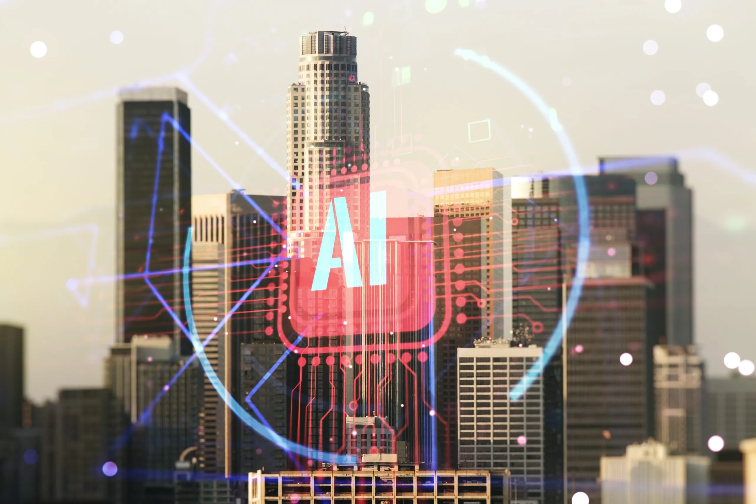 Qatar AI Infrastructure Market Outlook to 2035 double-exposure-creative-artificial-intelligence-abbreviation-hologram-los-angeles-office-buildings-background-future-technology-ai-concept-scaled
