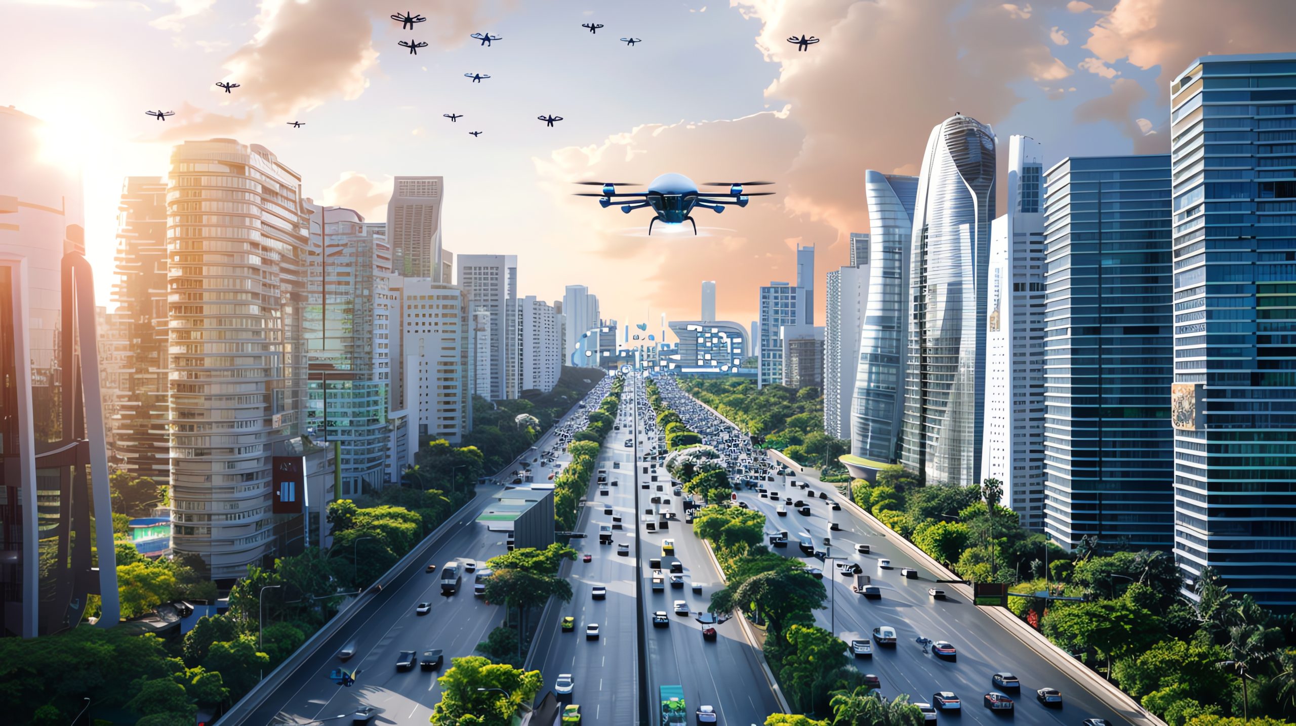 drone-flies-busy-city-highway-sunset-scaled