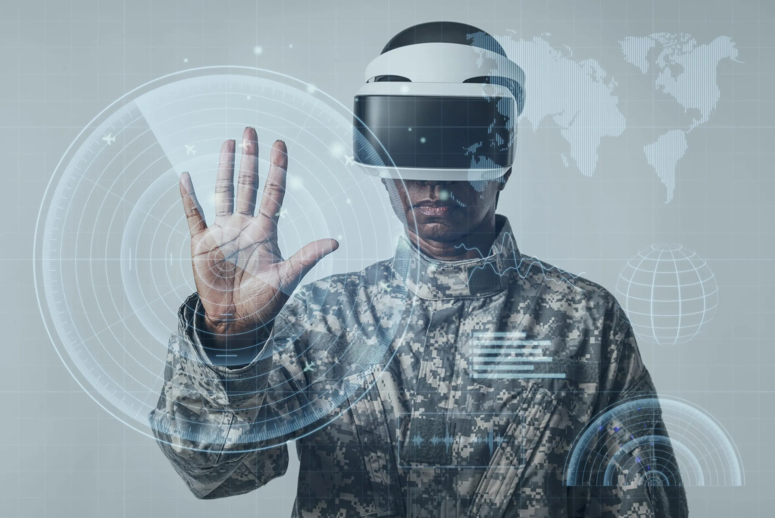 KSA AR and VR in Defense Market outlook to 2035 female-soldier-using-futuristic-virtual-screen-army-technology-1-scaled