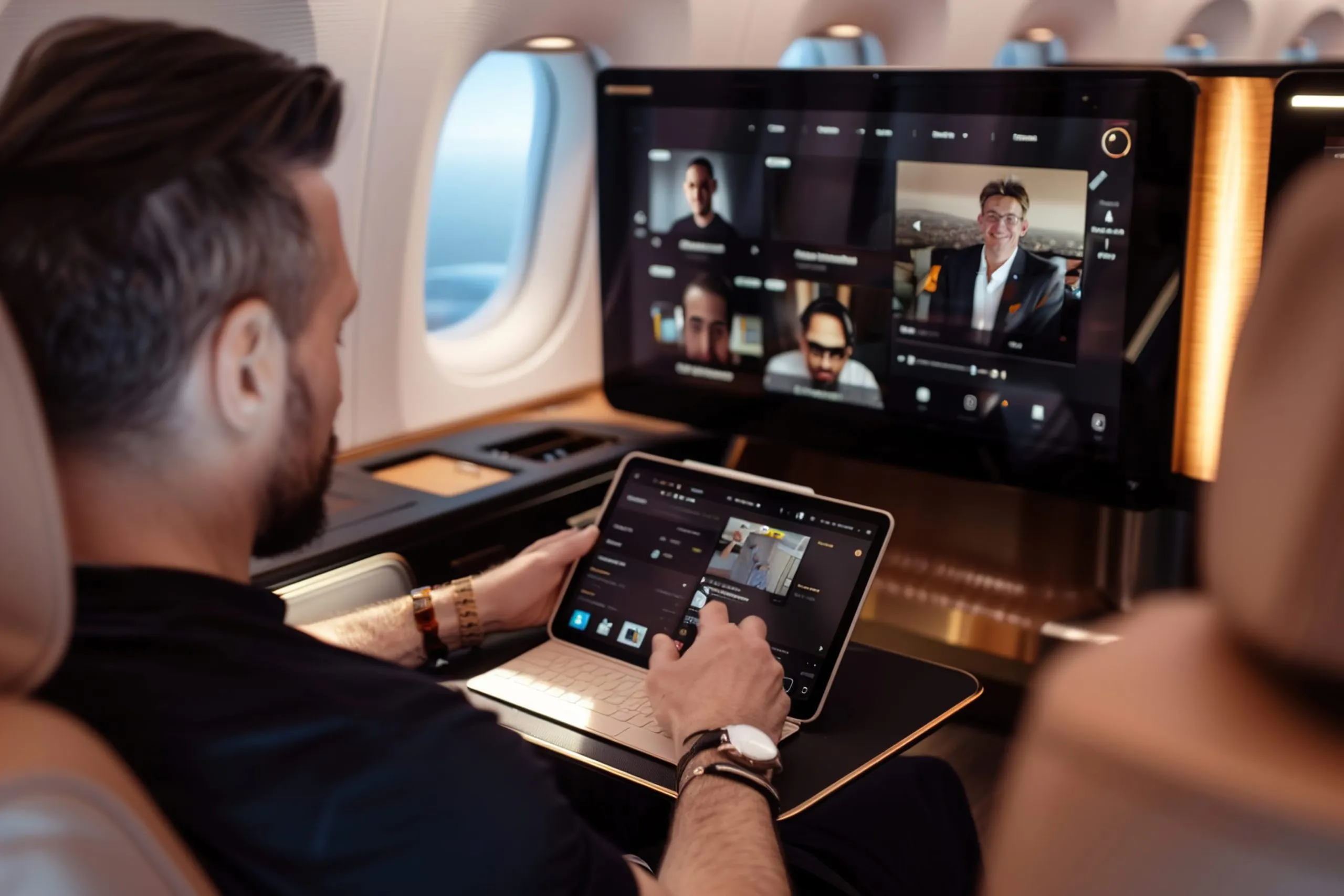 US commercial aircraft in flight entertainment system Market outlook 2035 freelancer-working-tablet-flight-seated-comfortably-airplanes-business-class-1-scaled
