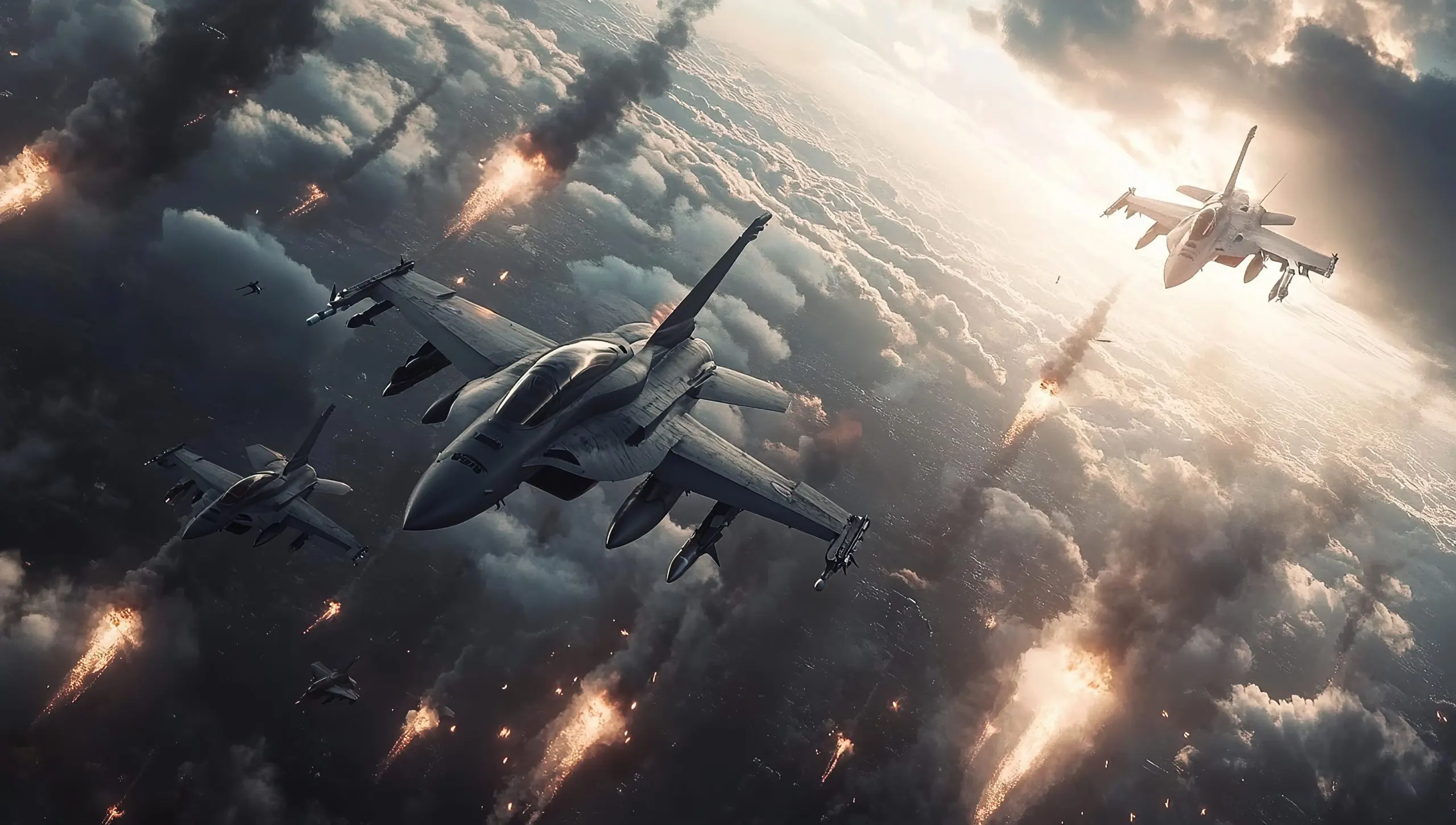 Singapore aerospace and defense Market outlook 2035 group-fighter-jets-flying-battlefield-aerial-view-scaled
