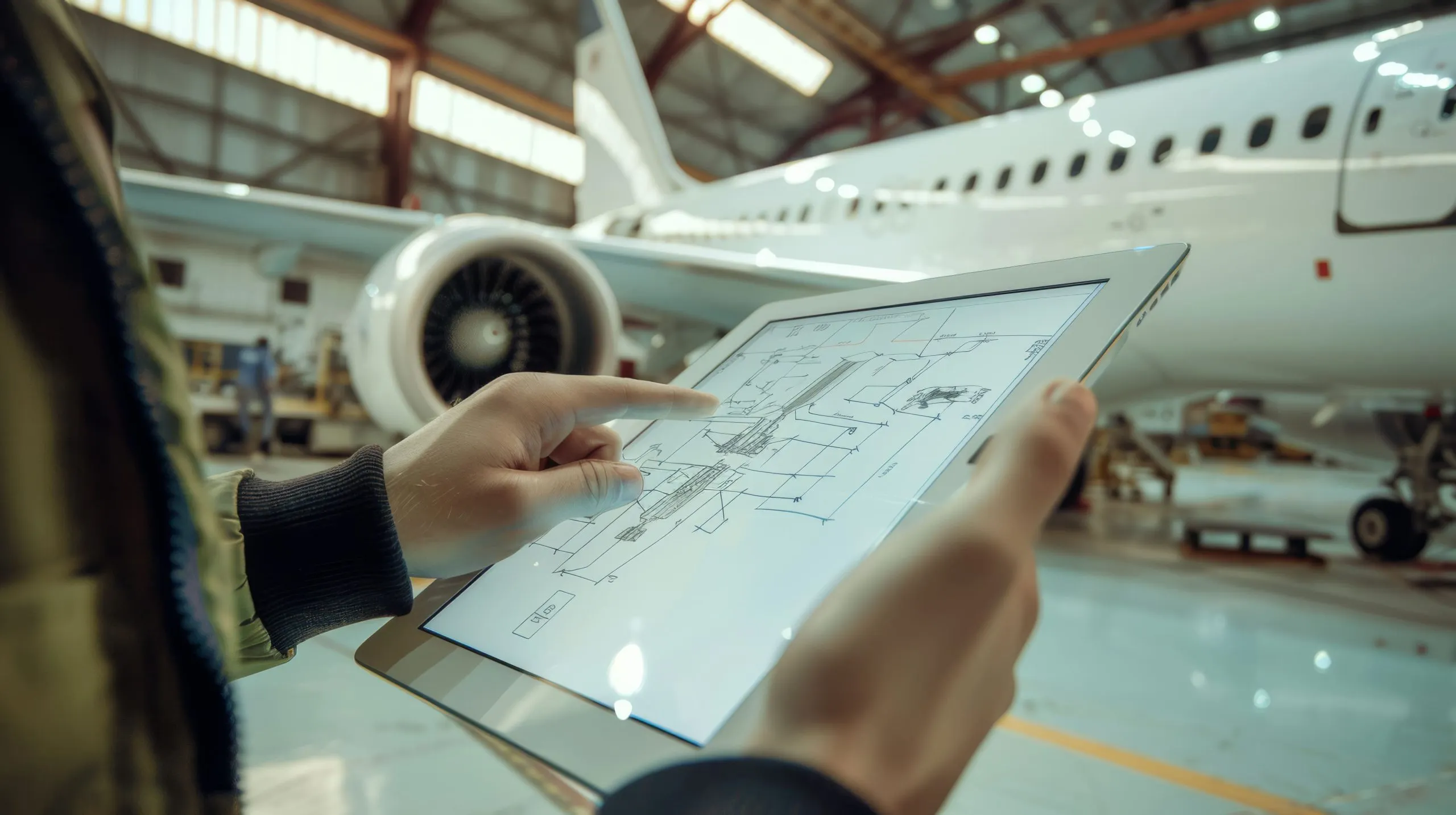 Singapore Aviation Asset Management Market outlook to 2035 hands-holding-digital-tablet-displaying-aircraft-schematics-welllit-hangar-emphasize-precision-modern-aviation-technology-1-scaled