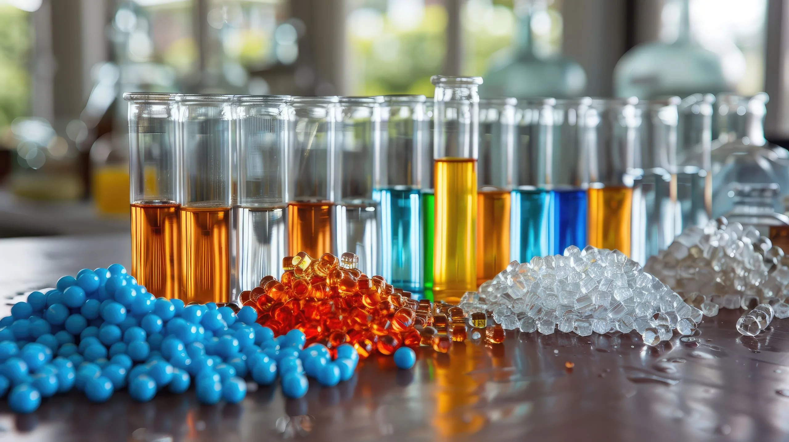 India Oleochemical in plastics and polymer market outlook to 2035 laboratory-test-tubes-colored-beads-display-1-scaled