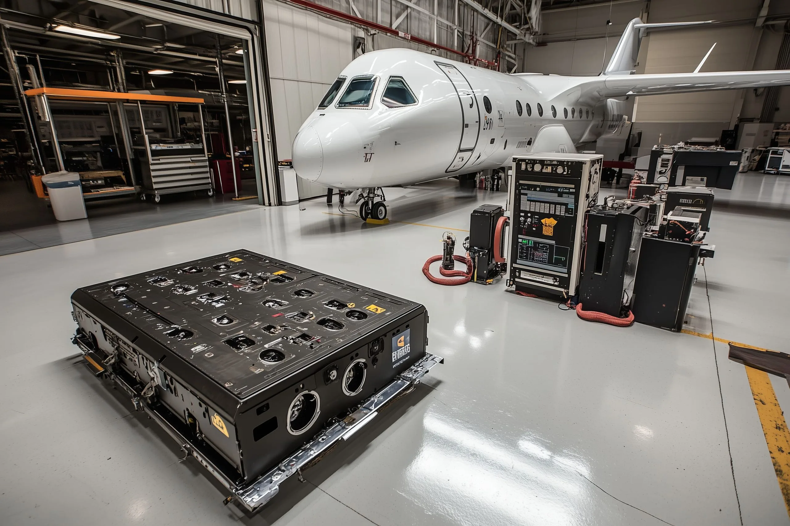 Singapore Commercial Aircraft Battery Management Market outlook to 2035 large-black-metallic-box-sits-front-white-airplane-hangar-1-scaled
