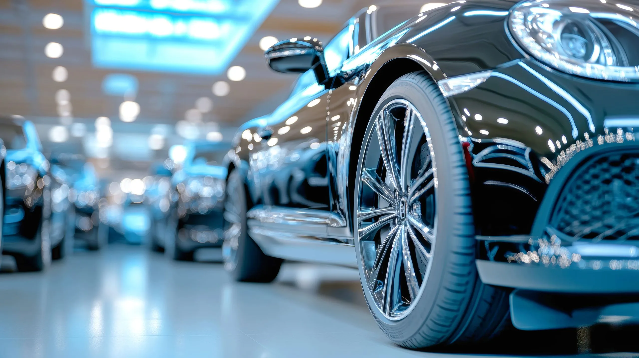 USA Automotive Lighting Market Outlook 2030 luxurious-black-cars-showcased-modern-showroom-highlighting-sleek-designs-shiny-chrome-wheels-daytime-1-scaled