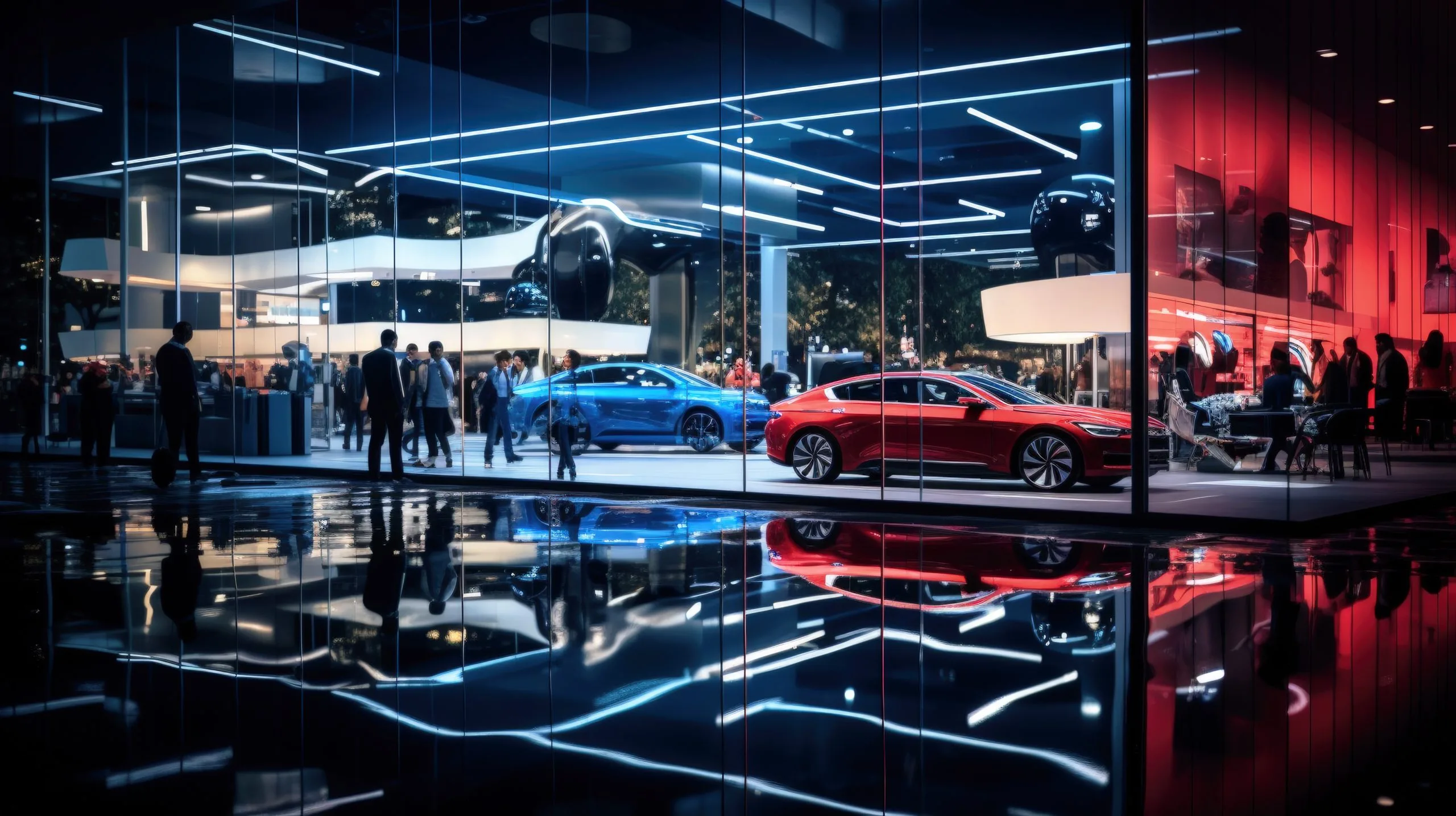 USA Automotive Displays Market Outlook 2030 luxury-new-cars-inside-store-night-modern-shiny-vehicles-view-through-window-dealership-city-street-urban-reflections-neon-lights-background-concept-sport-design-scaled