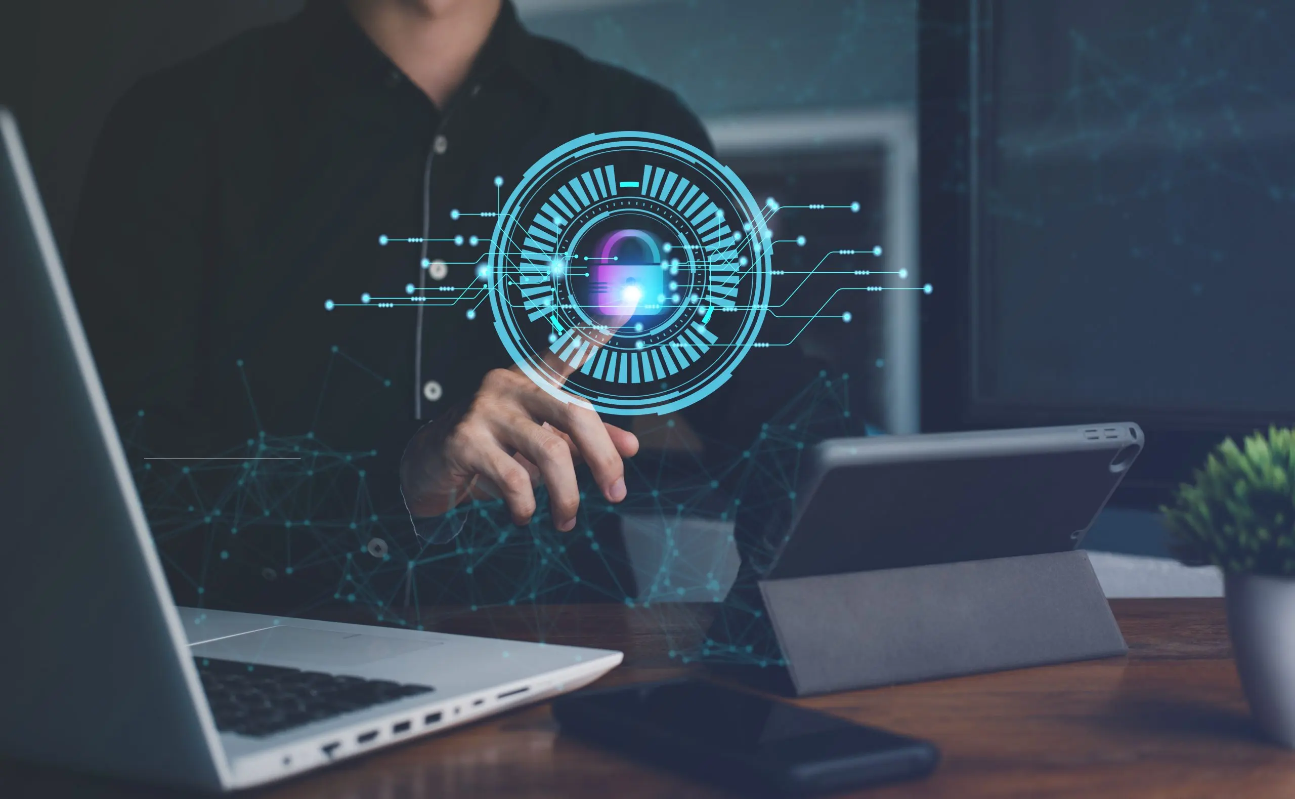 Israel Intelligence Surveillance Reconnaissance Market Outlook 2035 man-touching-security-scanning-digital-programs-via-smartphone-tablet-notebook-laptop-surveillance-personal-database-with-digital-processing-biometric-identification-fingerprint-scanner-scaled