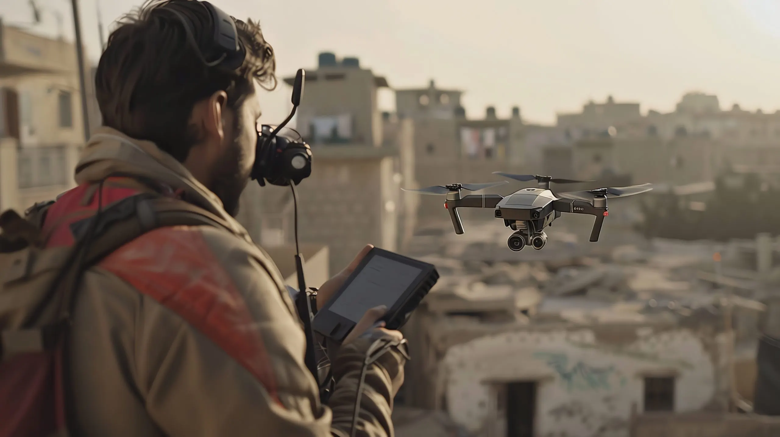 Turkey unmanned systems Market outlook to 2035 man-wearing-headphones-operates-drone-flying-damaged-city-scaled