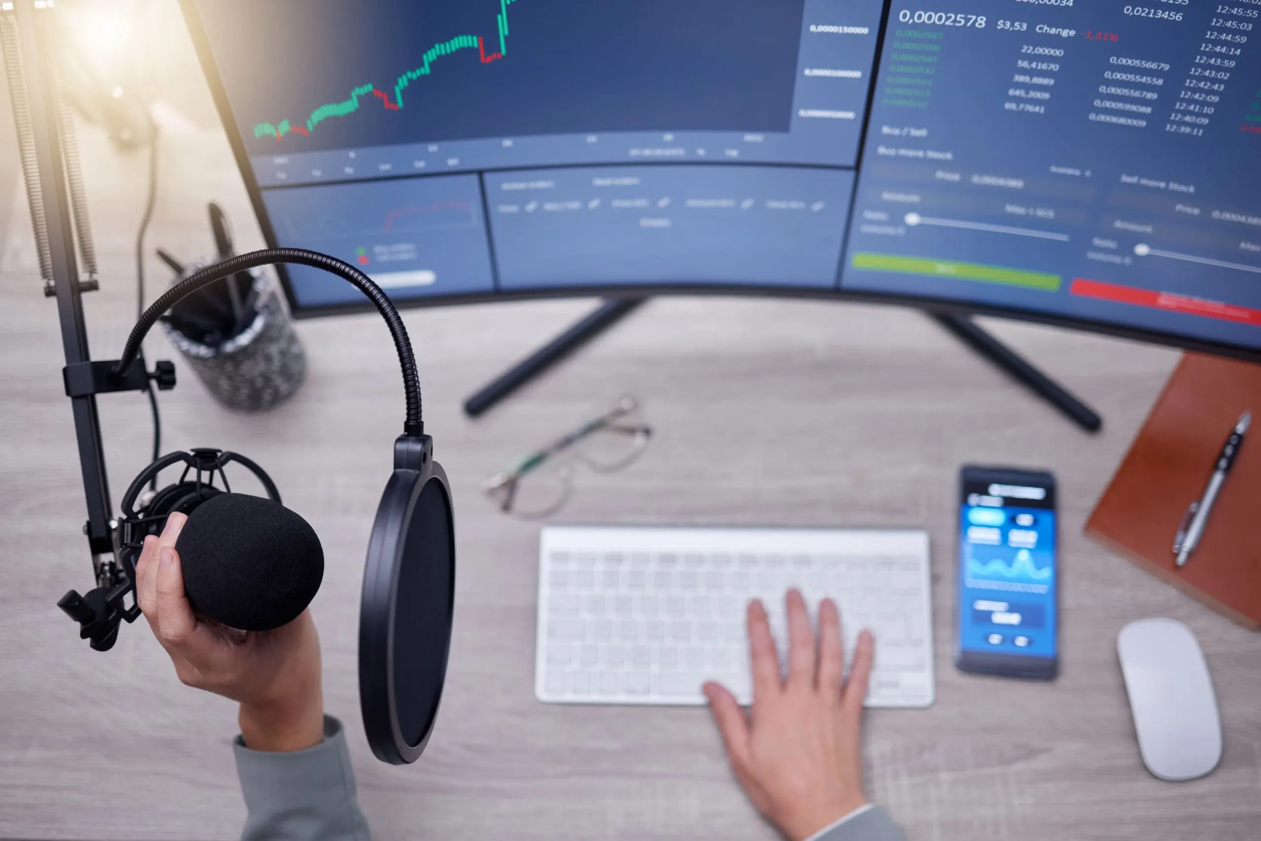 Australia software defined radio Market outlook to 2035 microphone-person-hands-podcast-studio-computer-screen-stock-market-news-radio-audio-update-mic-sound-technology-reporter-pc-monitor-broadcast-trading-statistics-1-scaled