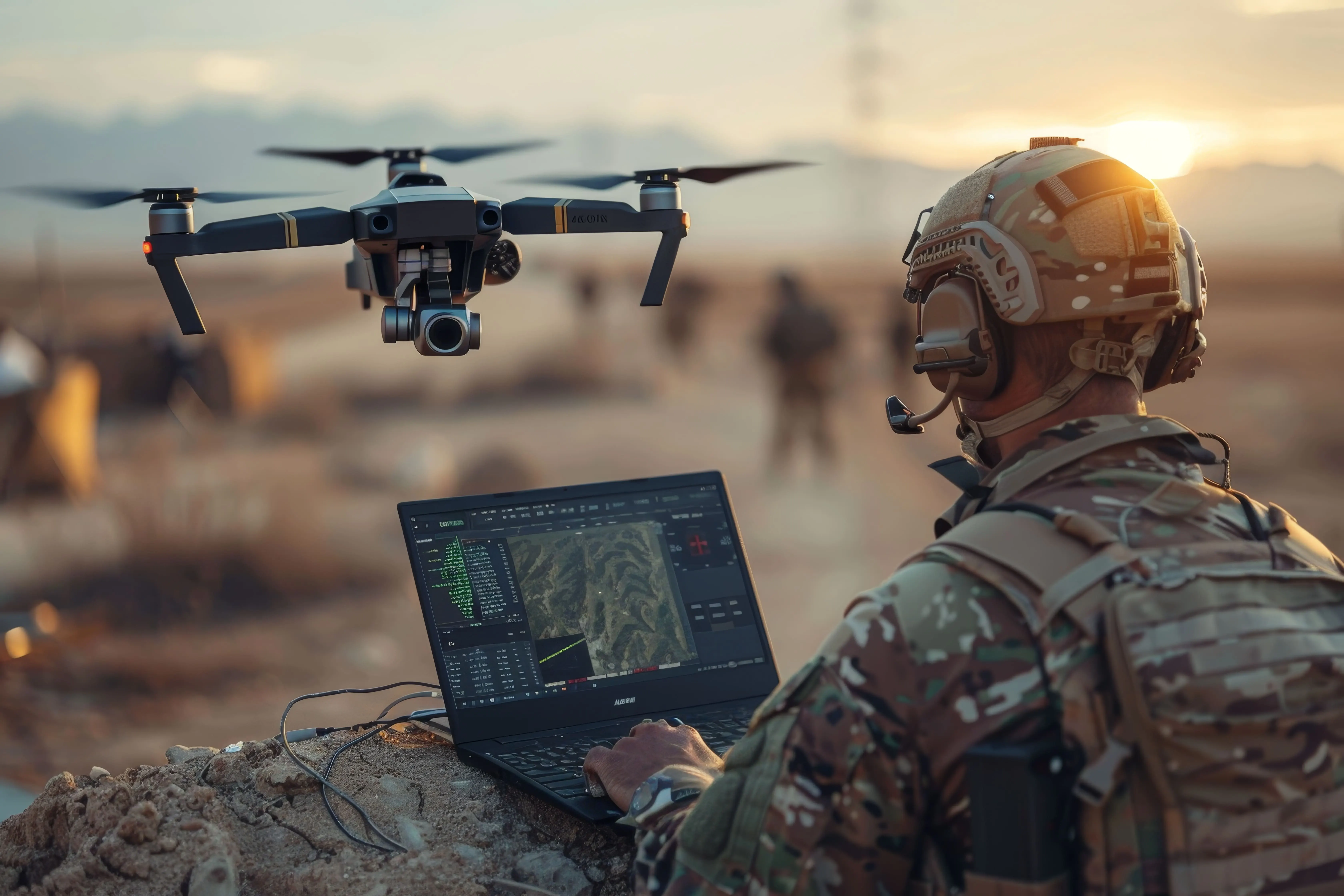 Europe Intelligence Surveillance and Reconnaissance Market Outlook 2035 military-soldiers-utilizing-drone-laptop-reconnaissance-desert-operation-1
