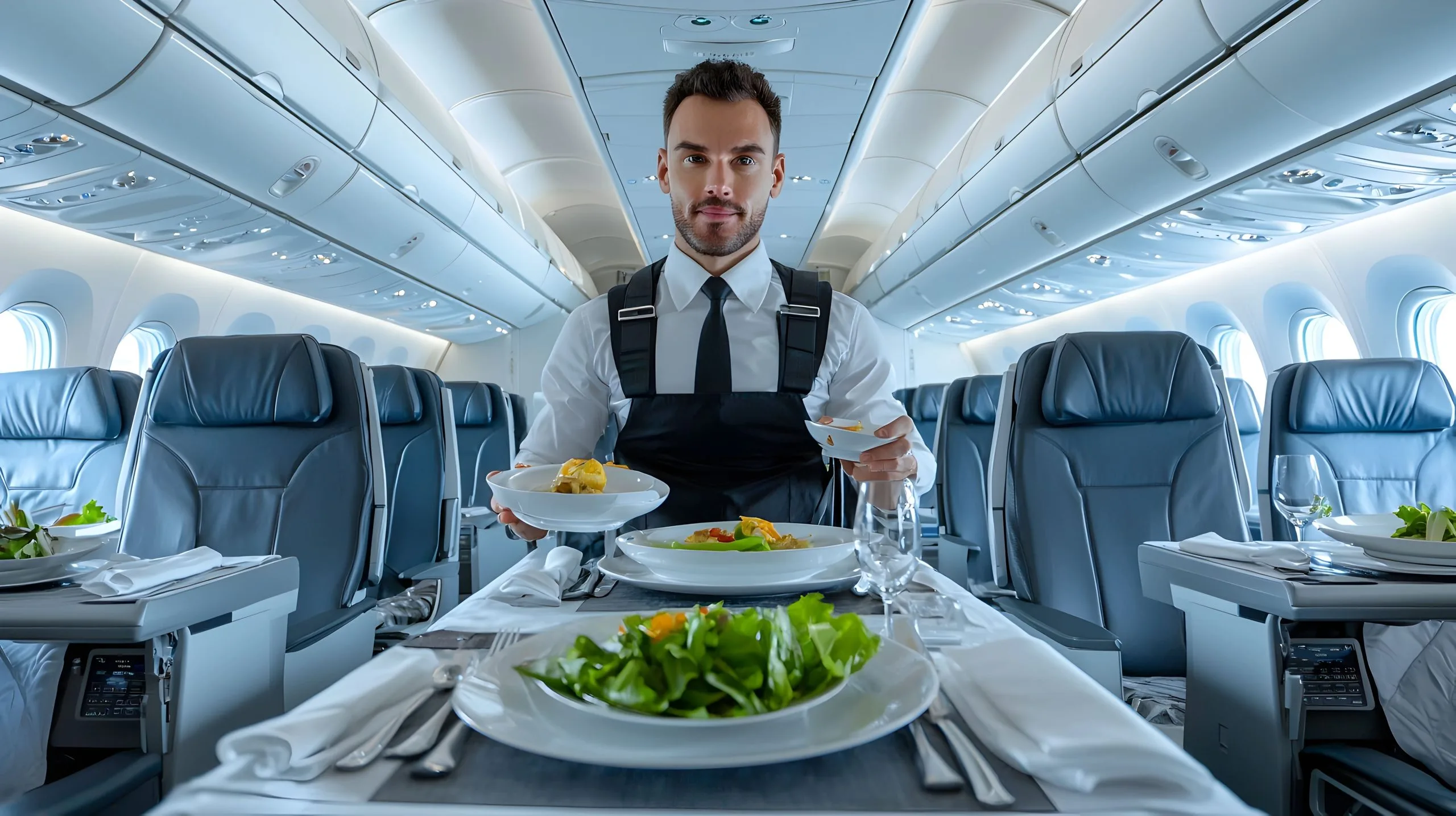 USA Inflight Catering Market outlook to 2035 minimalist-airplane-interior-with-steward-offering-meal-service-showcasing-hospitality-style-1-scaled