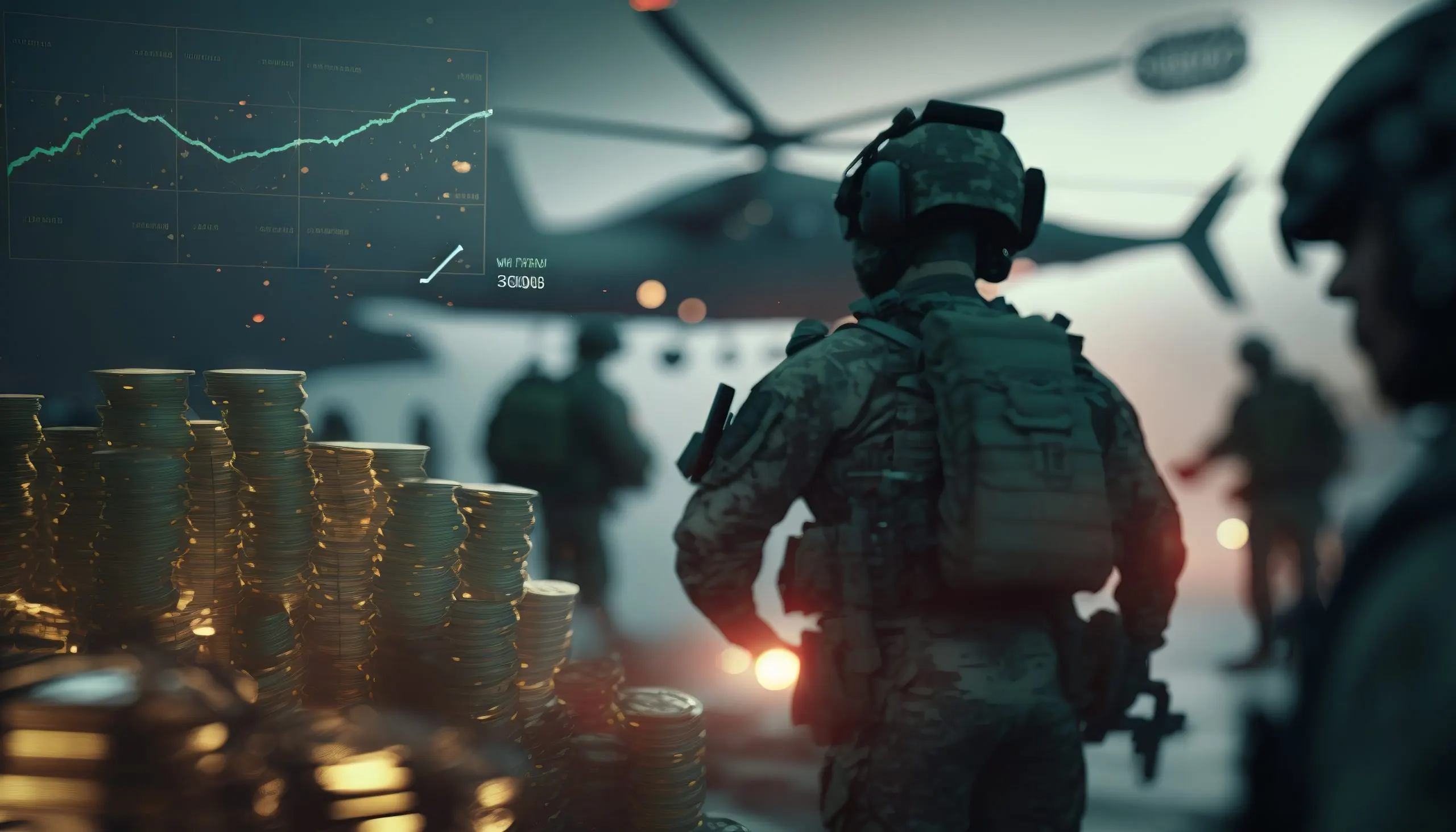 UK defense Market outlook 2035 soldier-military-uniform-standing-background-flying-plane-pile-coins-generative-ai-scaled
