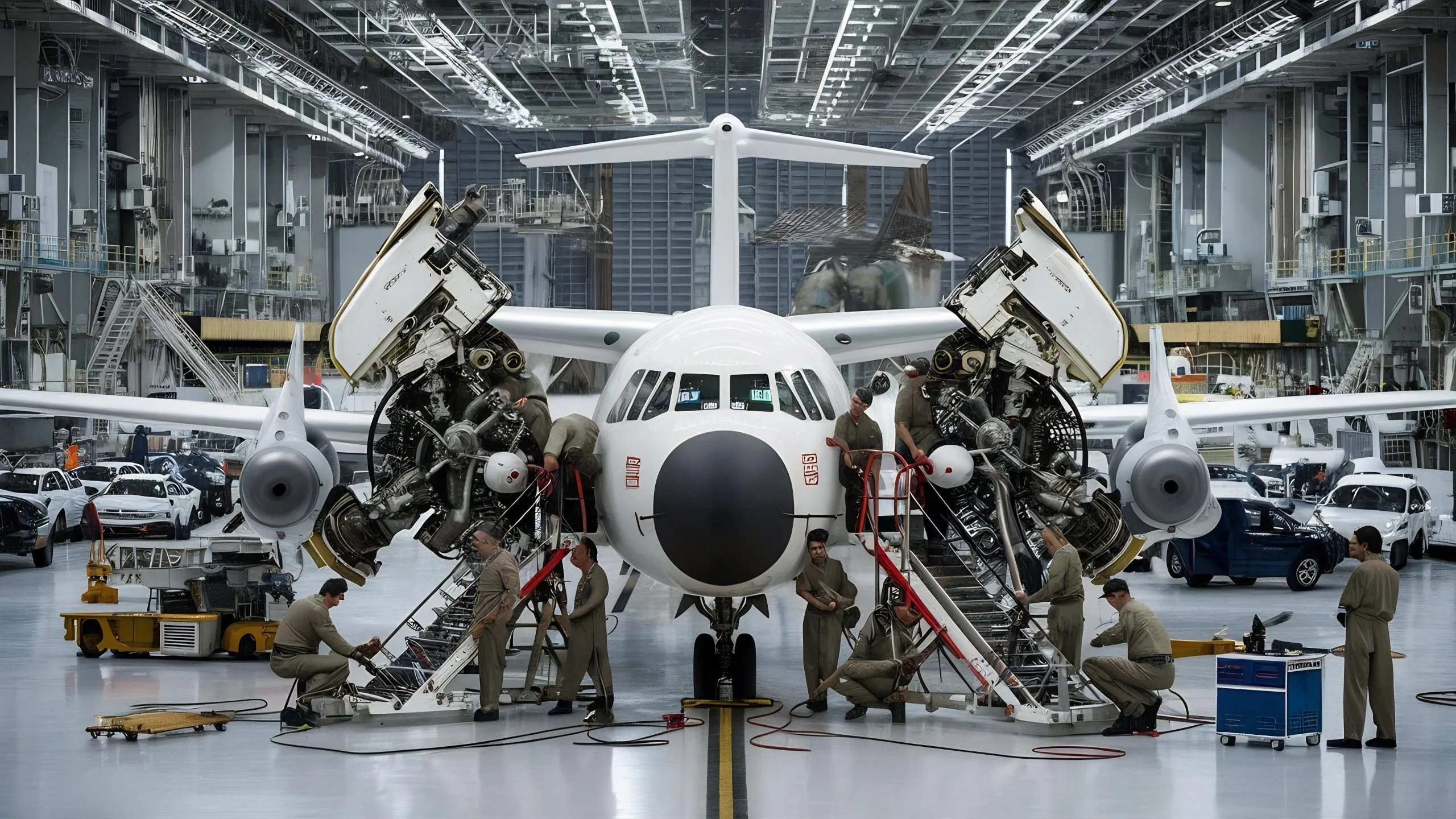 US aircraft engine MRO Market outlook 2035 white-transport-aircraft-hangar-checking-mechanical-systems-flight-operations-scaled