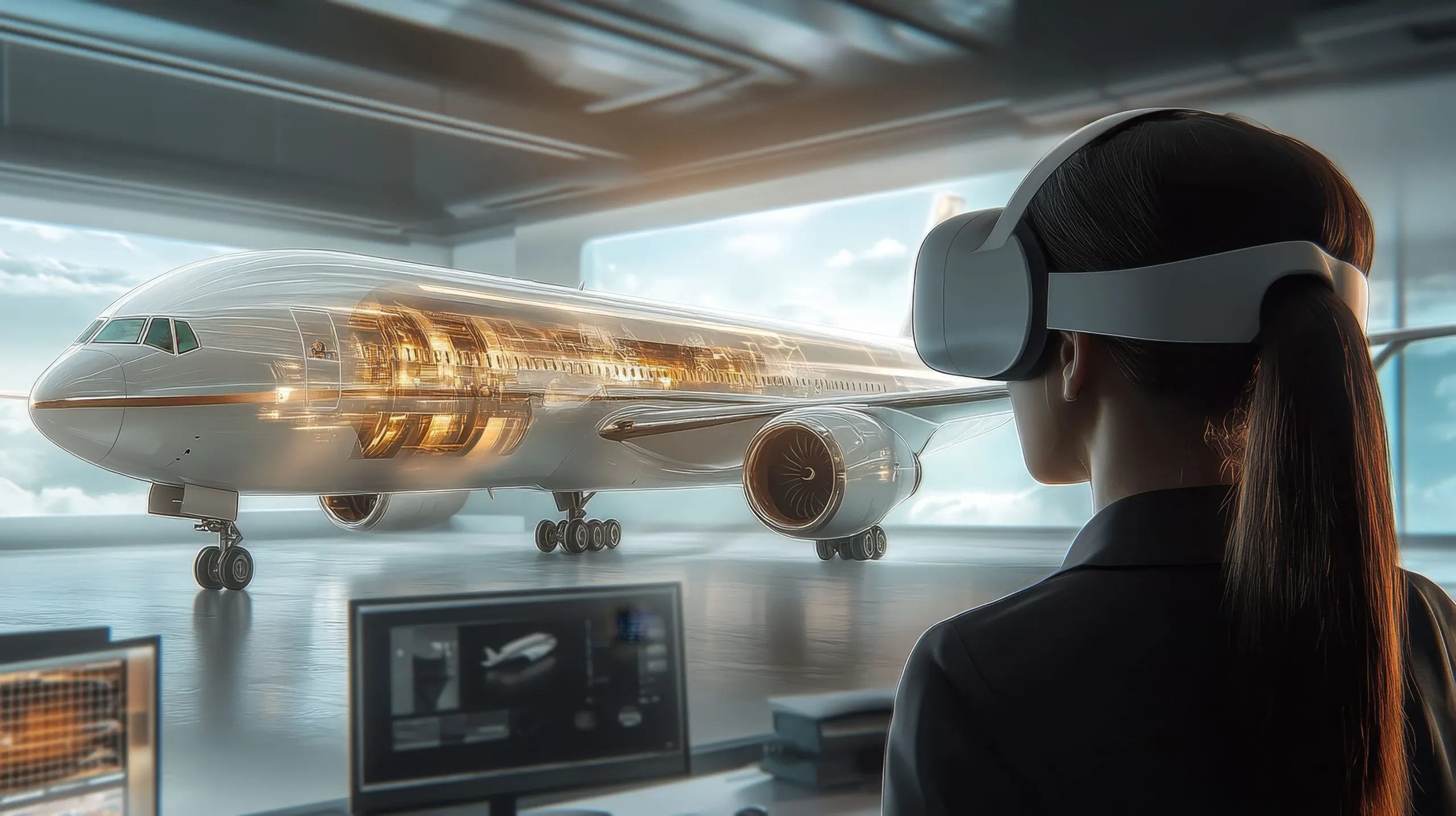USA Aviation Augmented and Virtual Reality Market outlook to 2035 woman-virtual-reality-headset-airplane-mixed-media-mixed-media-1-scaled