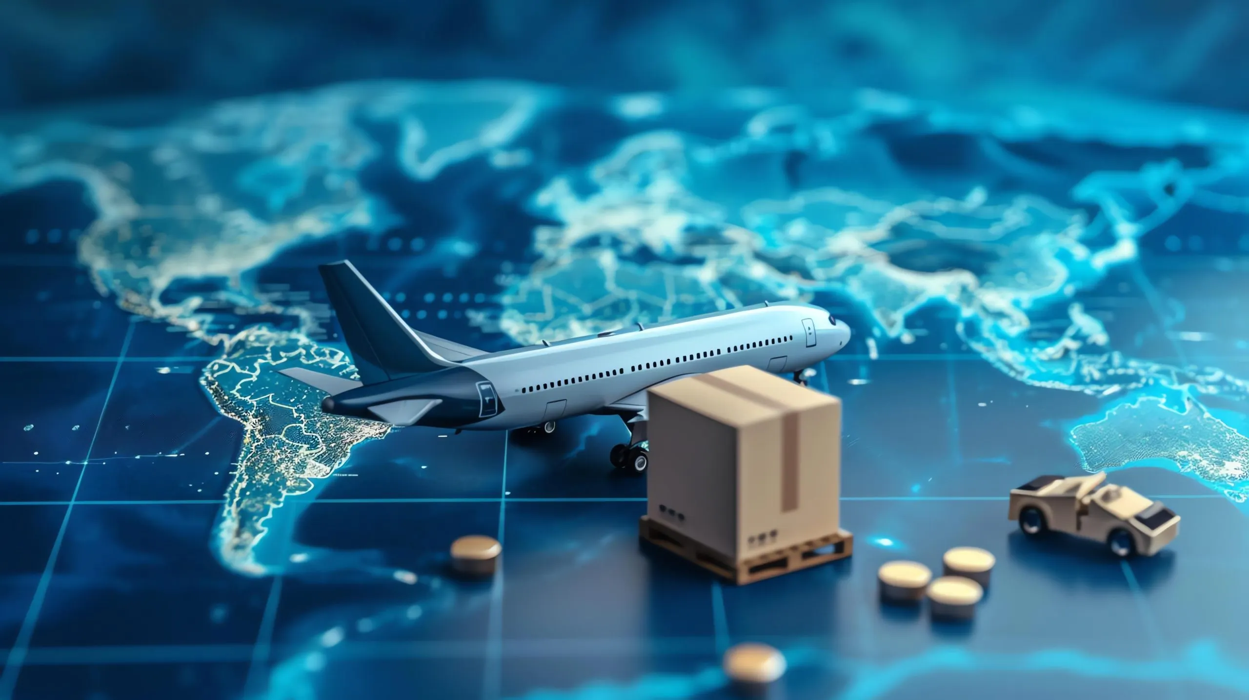 Qatar Freight Forwarding Market Outlook to 2035 airplane-cargo-truck-with-cardboard-boxes-background-world-map-3d-rendering-scaled