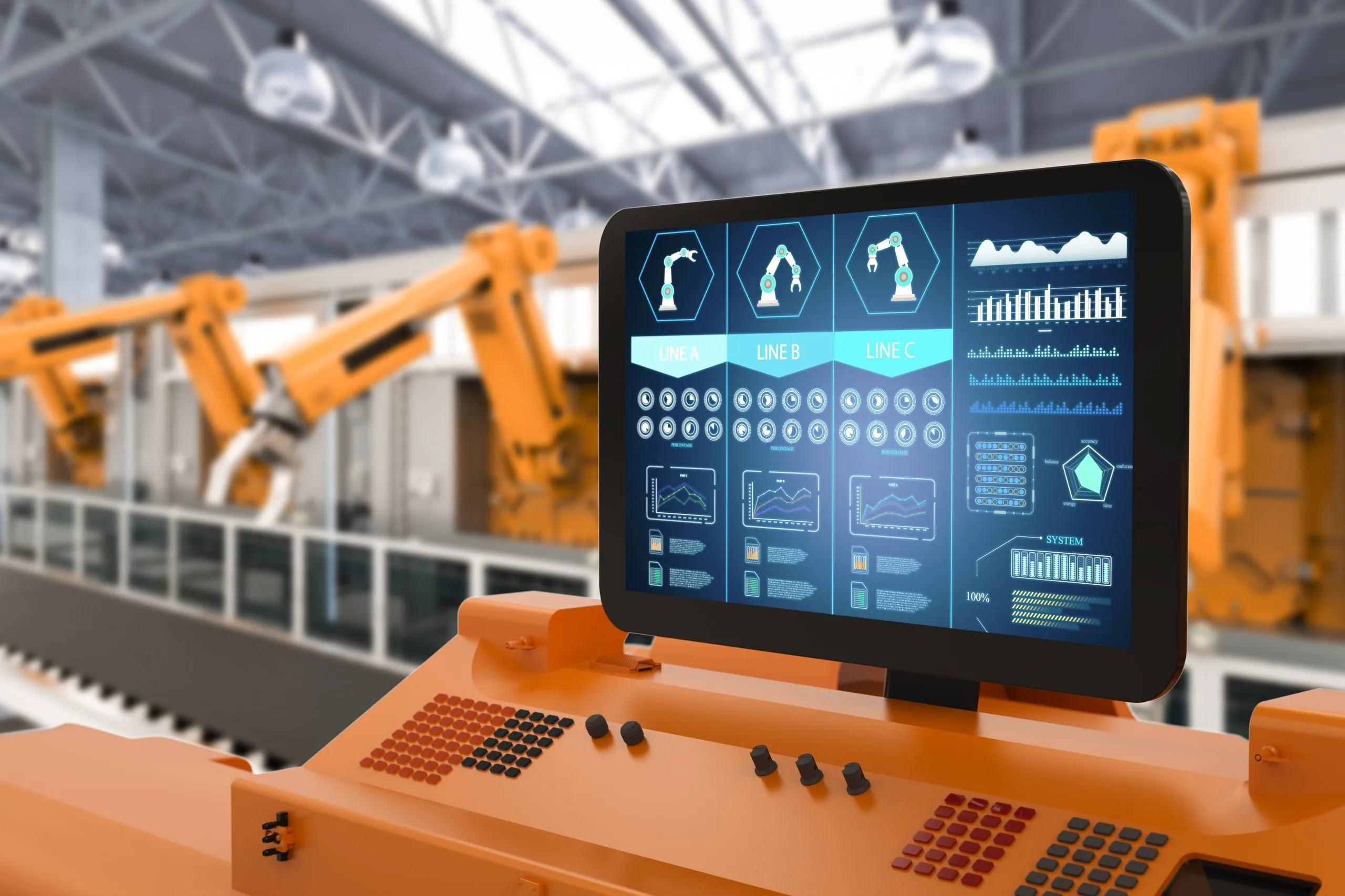 Singapore Industrial IoT Market Outlook to 2035 automation-factory-concept-with-3d-rendering-control-panel-screen-with-robotic-arms-scaled