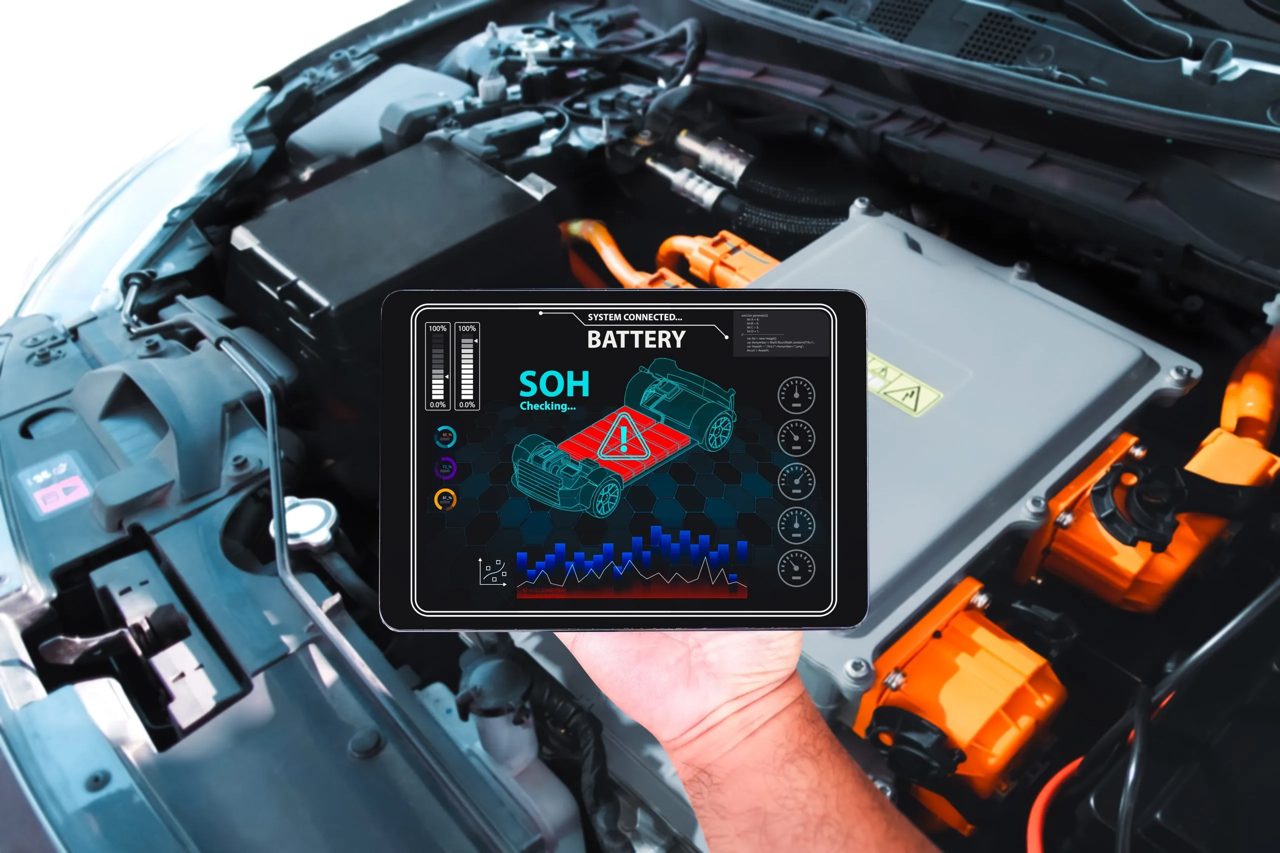 Philippines Automotive Battery Sensors Market Outlook 2035 car-technician-is-checking-soh-state-health-battery-with-wireless-scanner-tools-scaled