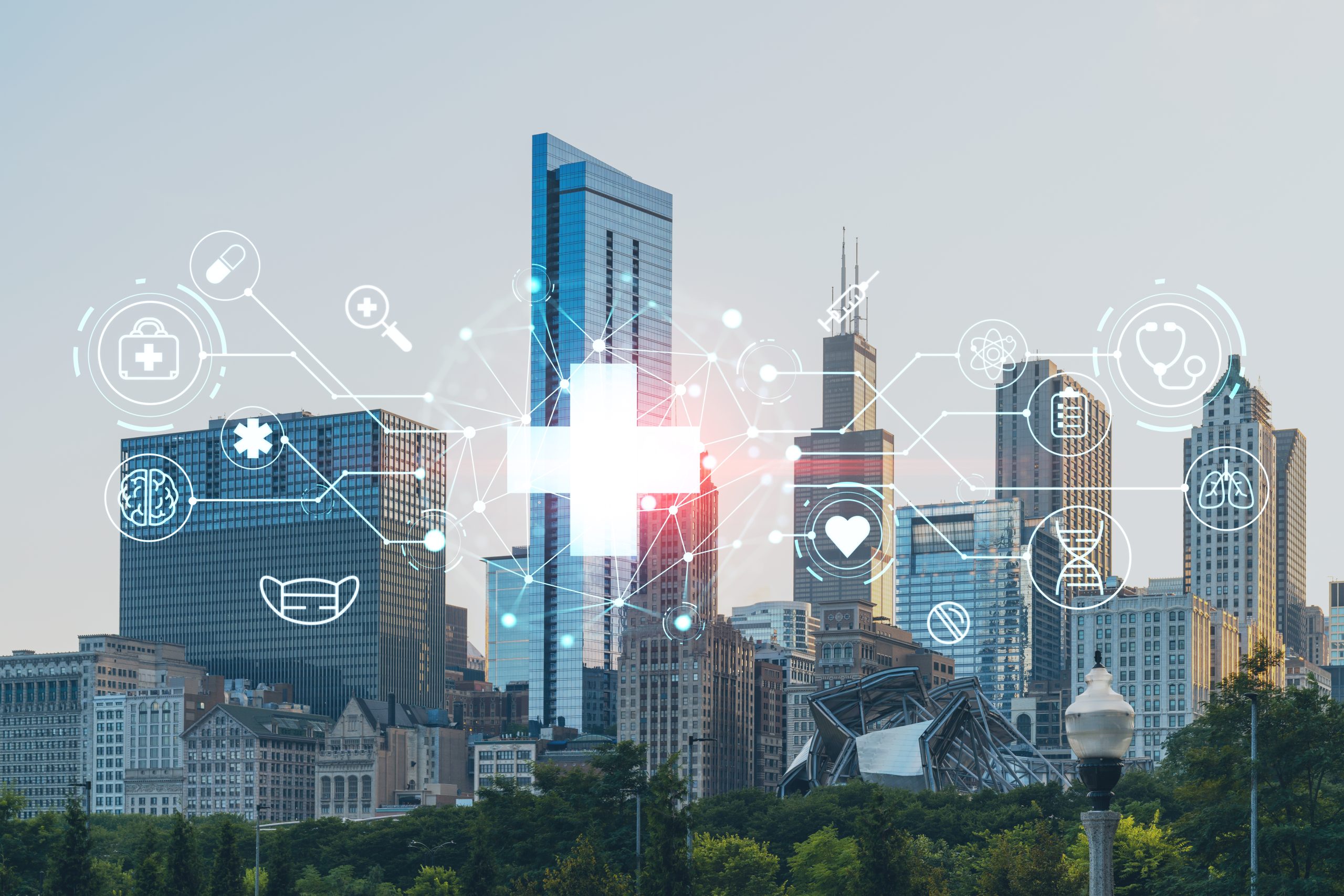 chicago-skyline-butler-field-towards-financial-district-skyscrapers-day-time-illinois-usa-parks-gardens-health-care-digital-medicine-hologram-concept-treatment-disease-prevention-scaled