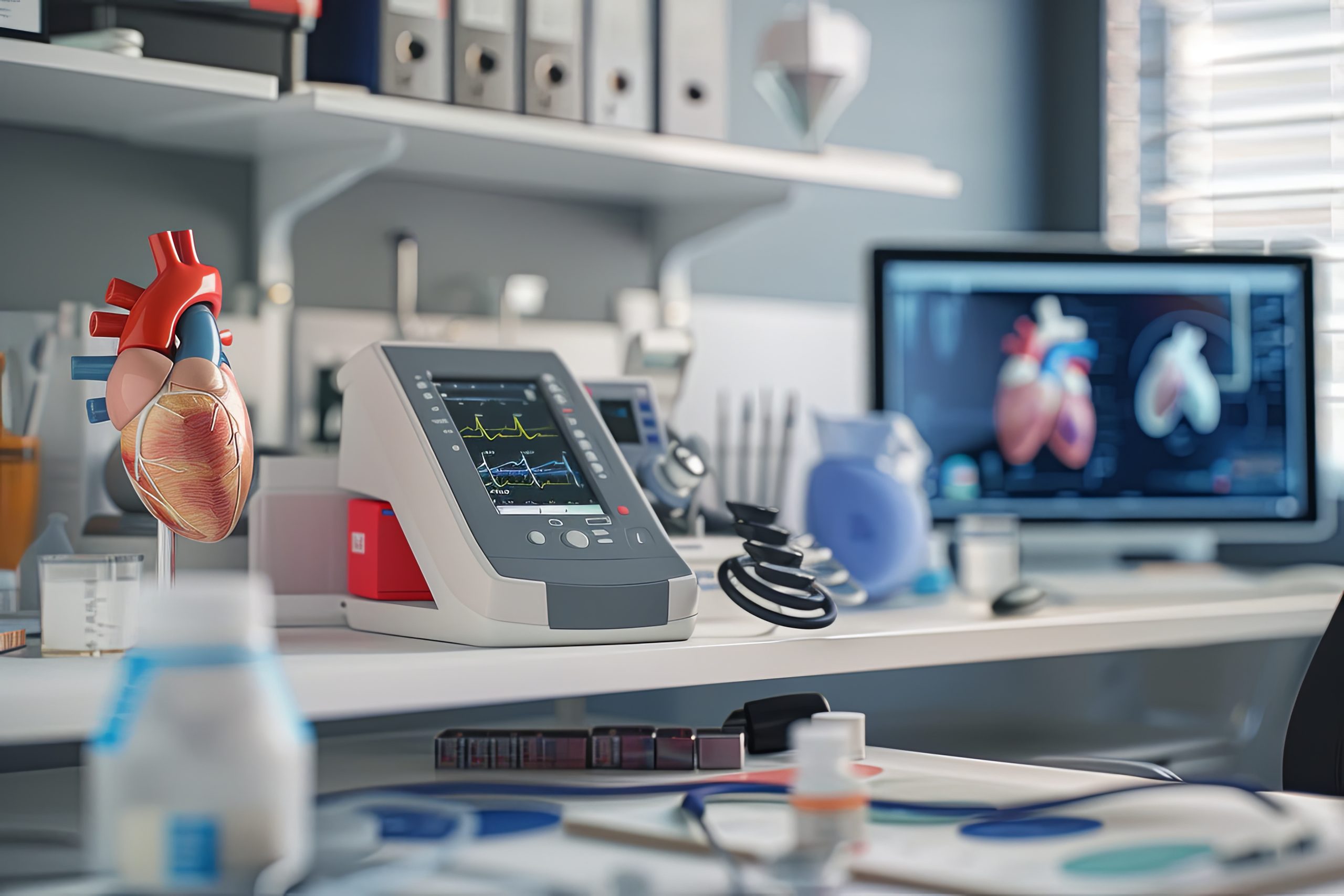 closeup-view-cardiologists-office-desk-with-ecg-machine-anatomical-heart-models-other-medical-equipment-highlighting-focus-heart-health-care-generative-ai-1-scaled