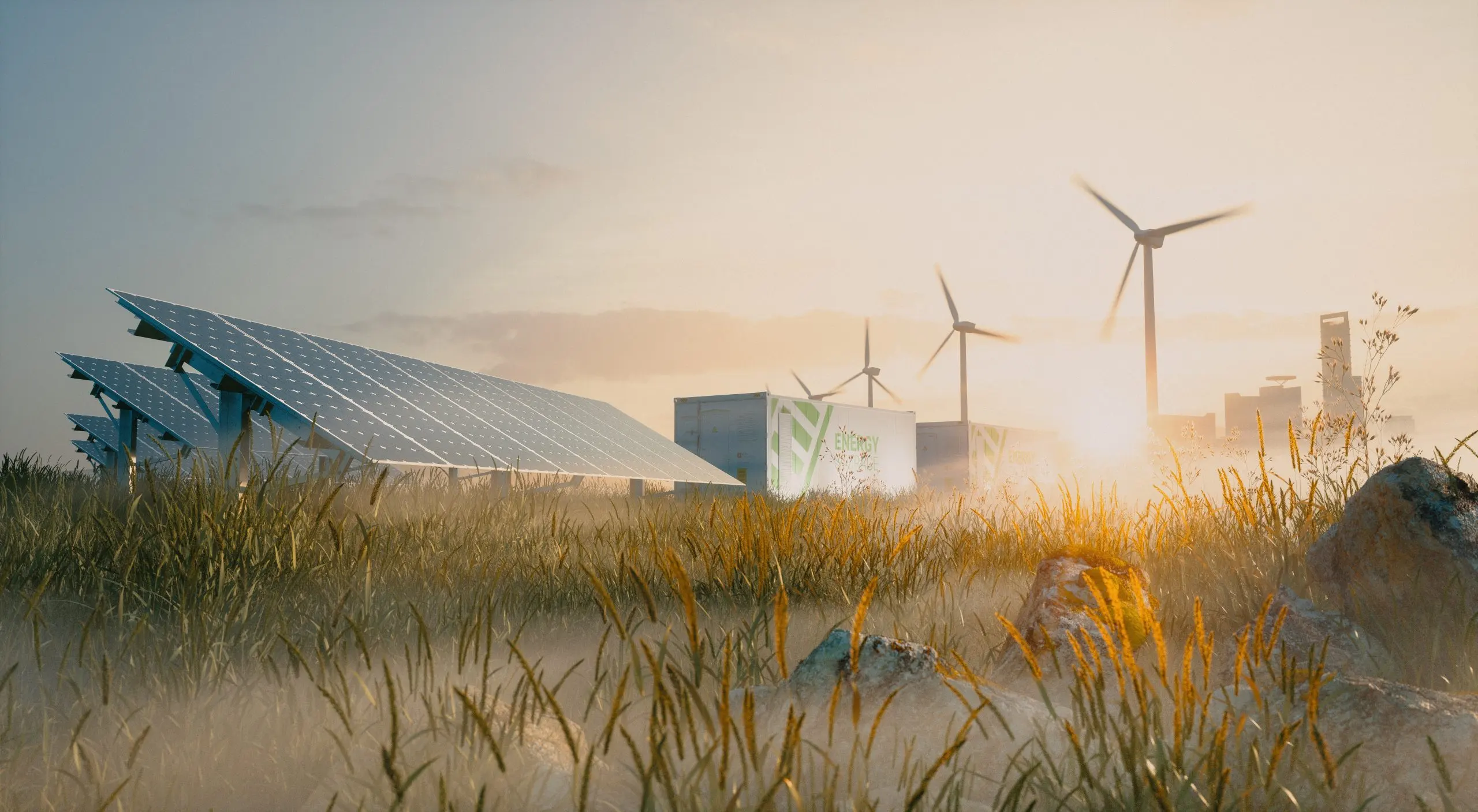 Kenya Renewable Energy Market Outlook to 2035 concept-renewable-energy-solution-beautiful-morning-light-installation-solar-power-plant-container-battery-energy-storage-systems-wind-turbine-farm-city-background-3d-rendering-scaled
