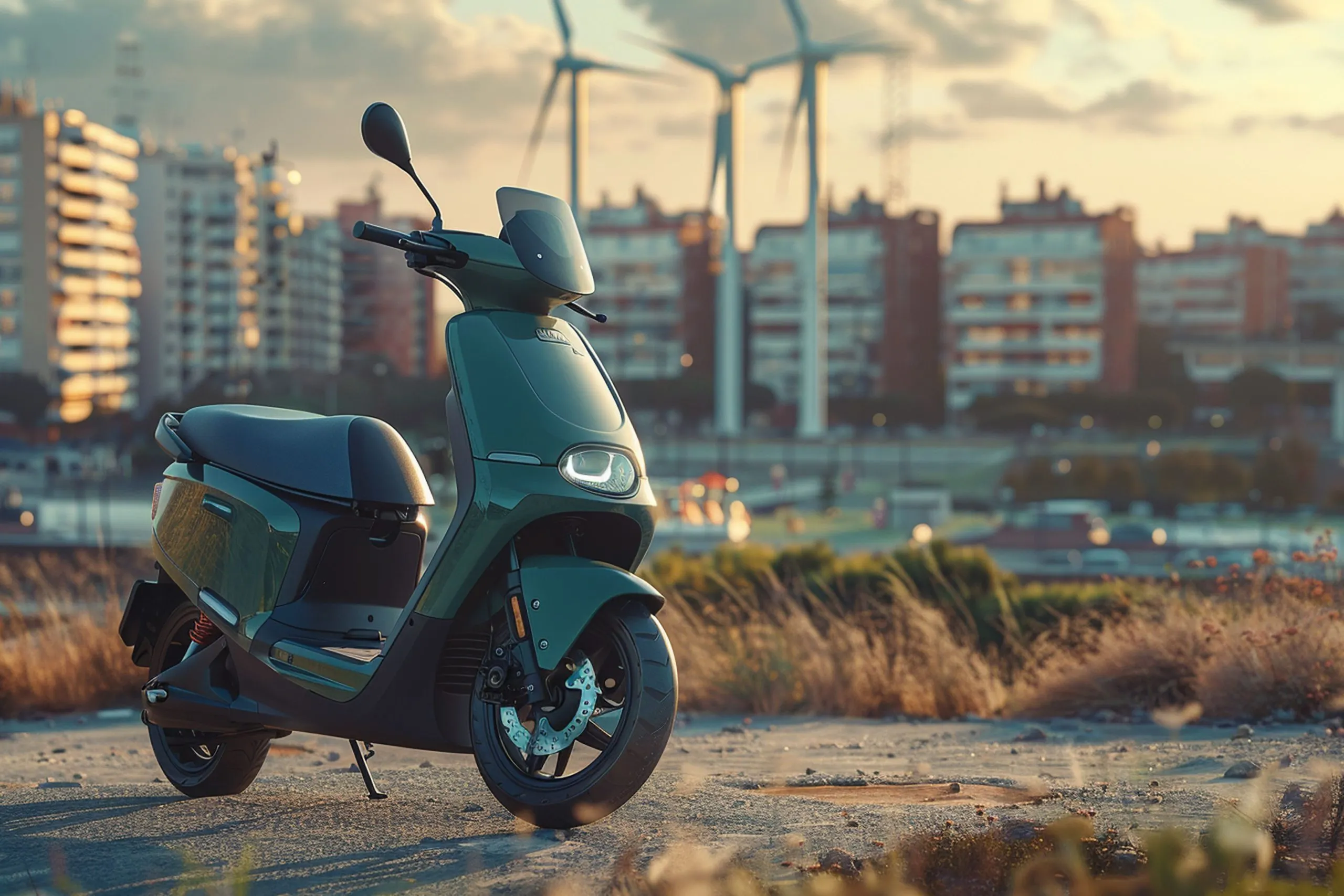 Brazil Electric Two-Wheeler Market Outlook to 2035 electric-scooter-parked-green-urban-area-with-wind-turbines-nearby-1-scaled