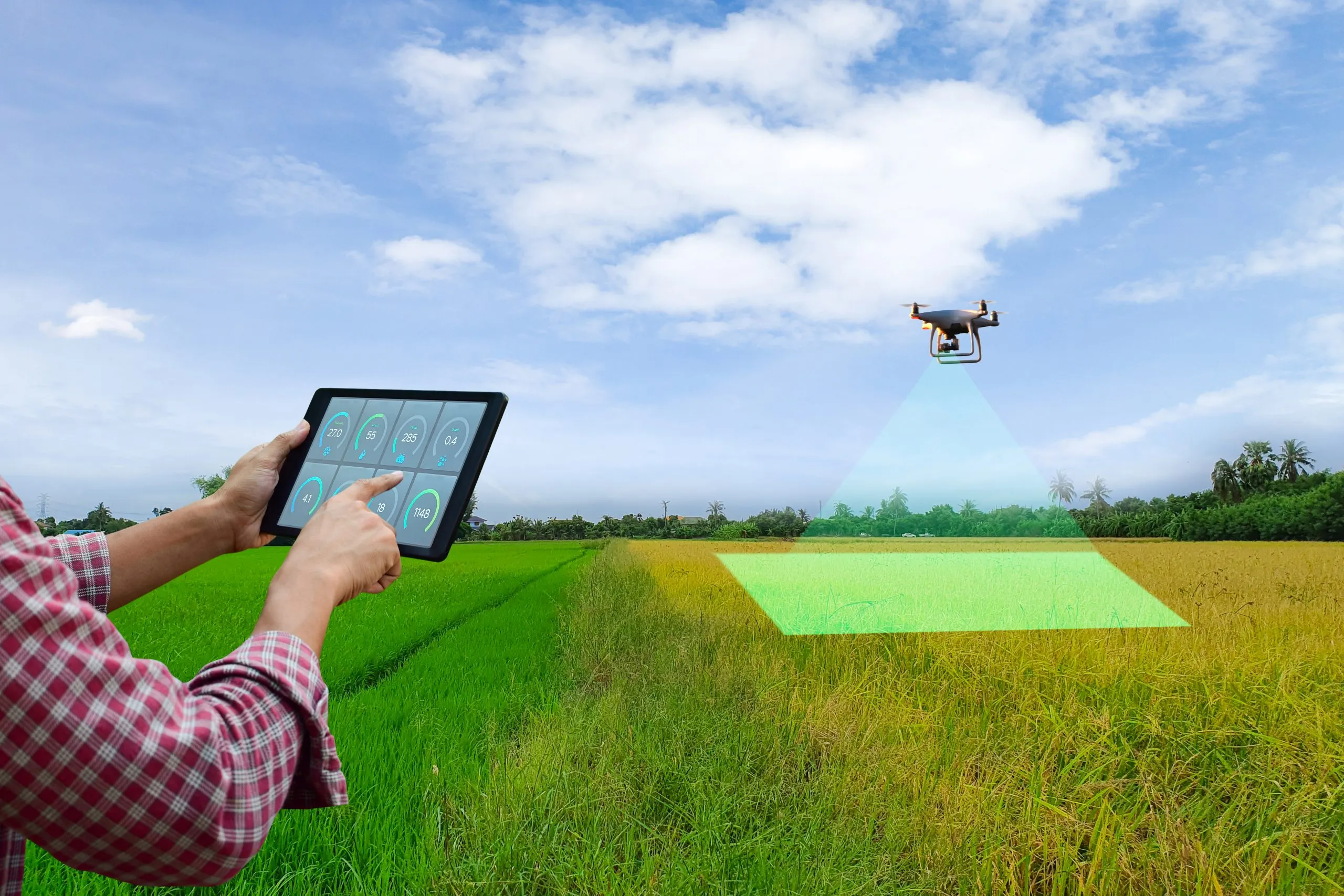 India Agricultural Sensors & Telematics Market Outlook to 2035 farmer-holds-tablet-inspect-agricultural-produce-unmanned-aerial-vehicle-scaled