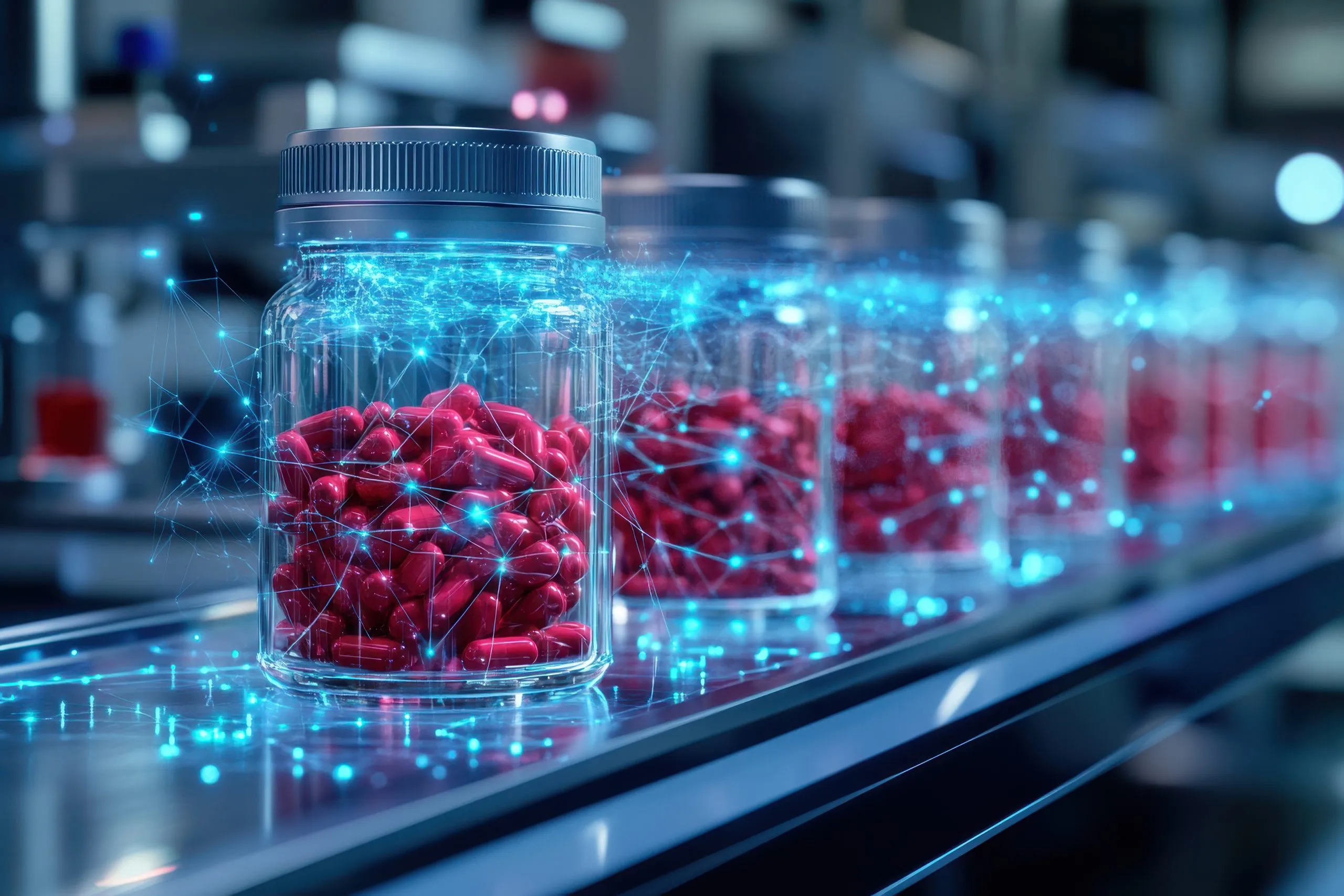 KSA Biosimilar Recombinant Proteins Market Outlook 2035 futuristic-laboratory-setting-glass-jars-filled-with-red-capsules-conveyor-belt-scaled