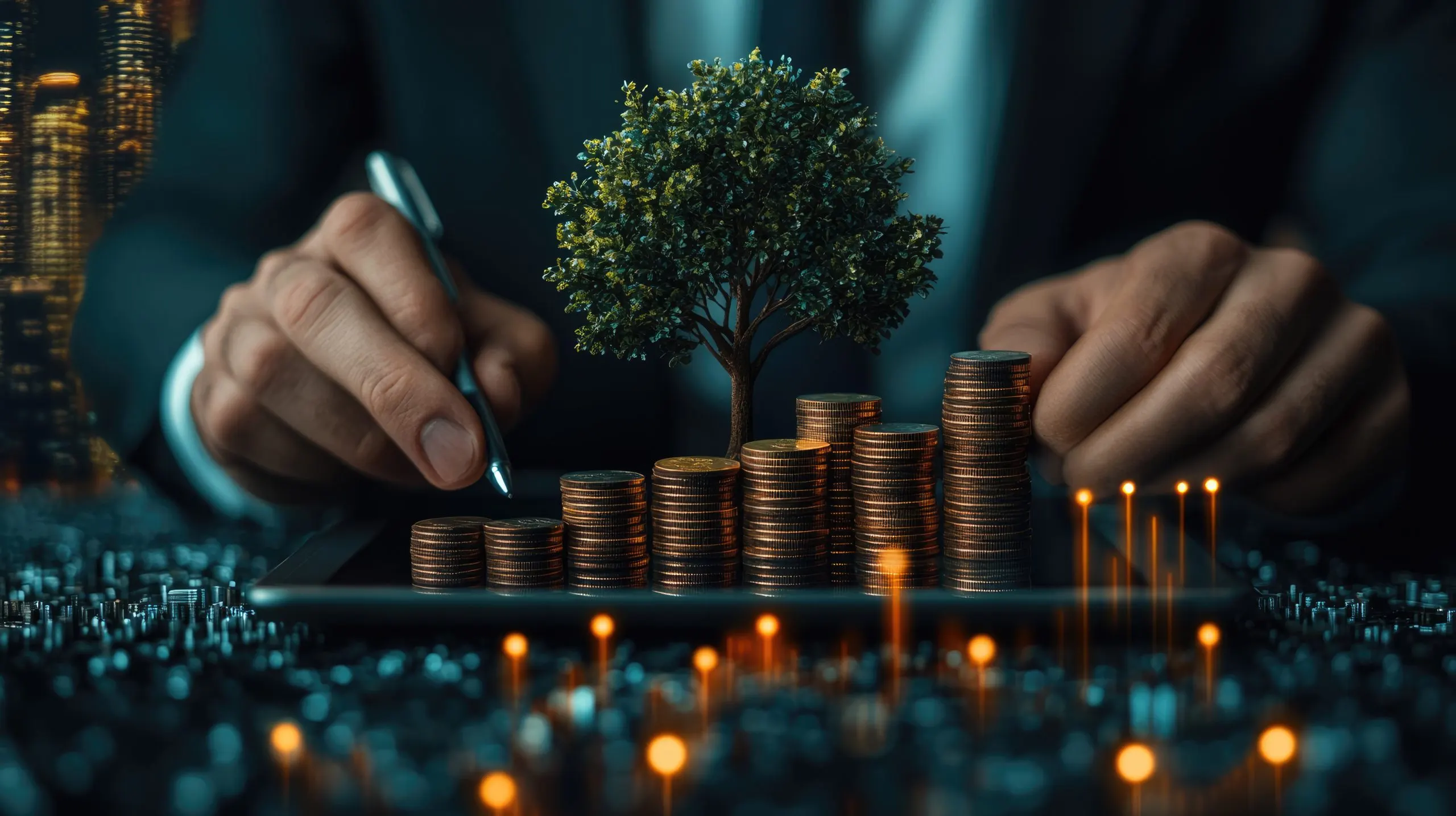 Indonesia Wealth Management Market Outlook to 2035 hands-are-seen-organizing-coins-into-neat-stacks-while-small-tree-symbolizes-growth-this-reflects-merging-finance-sustainability-investment-practices-scaled