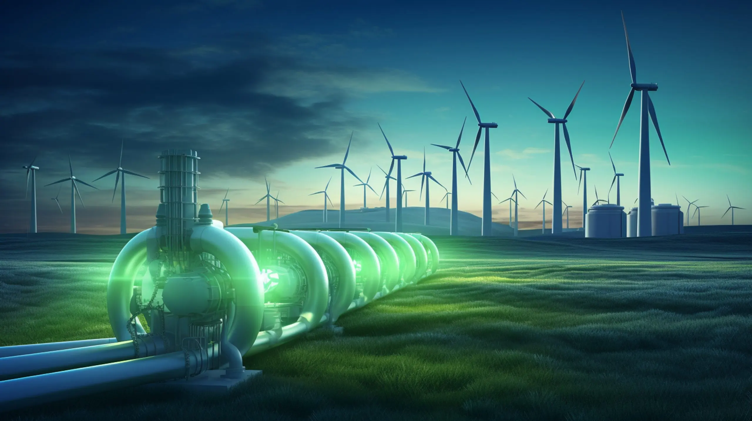 Germany Green Hydrogen Market Outlook to 2035 hydrogen-pipeline-with-wind-turbines-background-green-hydrogen-production-concept-scaled
