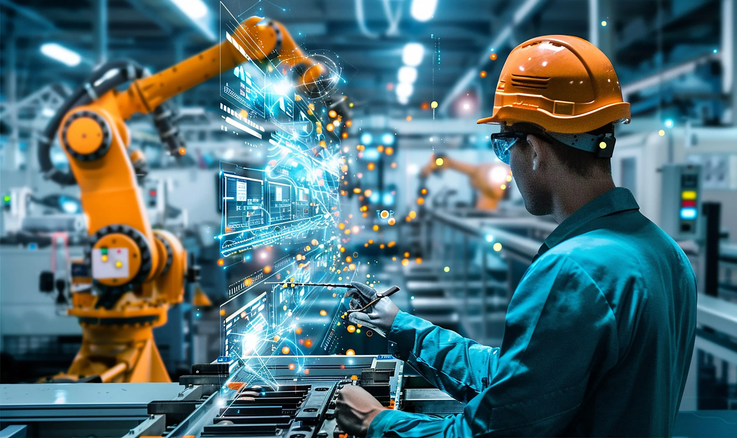 Indonesia Industrial Automation Market Outlook to 2035 man-hard-hat-is-working-machine-with-blue-light-scaled