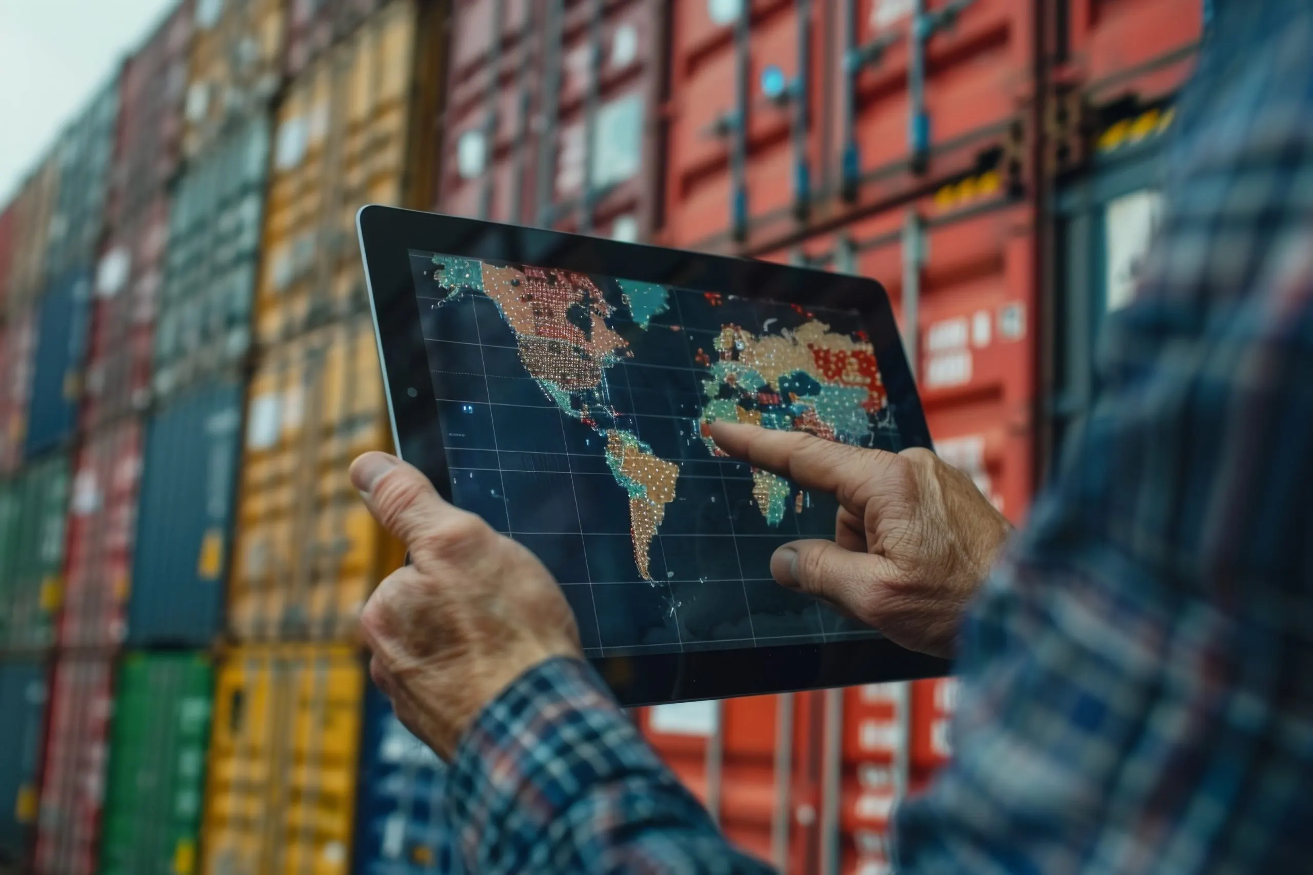 South Africa Freight Forwarding Market Outlook to 2035 man-is-holding-tablet-with-map-world-it-scaled
