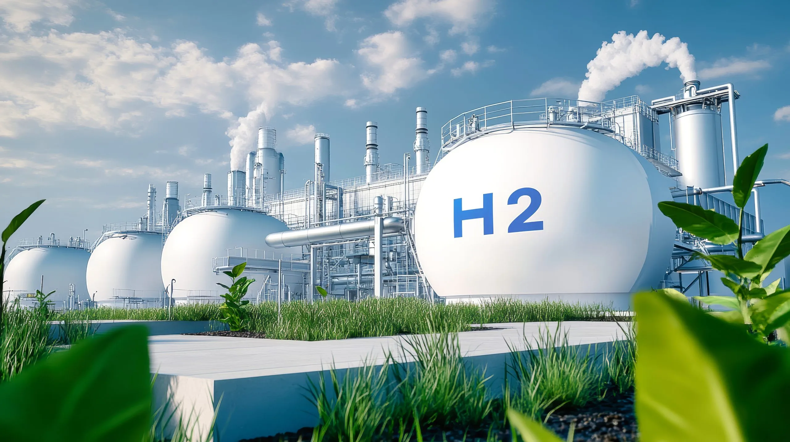 Qatar Green Hydrogen Market Outlook to 2035 modern-hydrogen-production-facility-features-large-white-tanks-labeled-with-h2-surrounded-by-lush-green-leaves-pipelines-against-industrial-backdrop-scaled