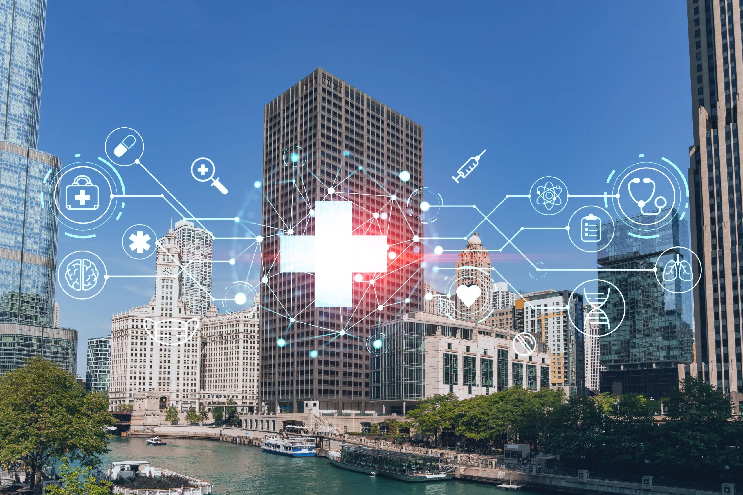 Turkey Healthcare Infrastructure Market Outlook 2035 panorama-cityscape-chicago-downtown-riverwalk-boardwalk-with-bridges-day-time-illinois-usa-health-care-digital-medicine-hologram-concept-treatment-disease-prevention-scaled