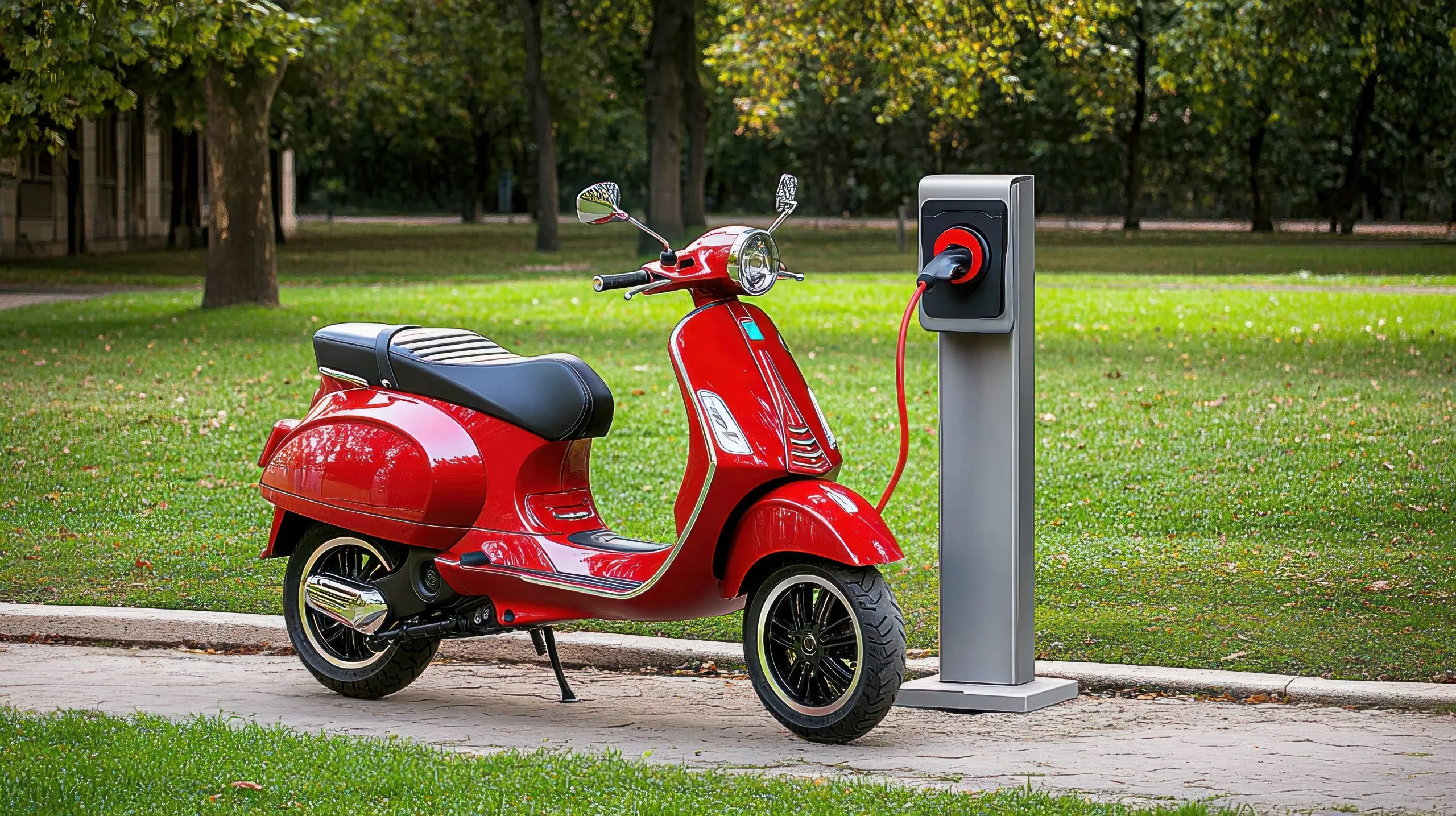 Spain Electric Two-Wheeler Market Outlook 2035 red-electric-scooter-charging-station-park-clean-energy-electric-scooter-sustainable-mobility-outdoor-charging-scaled