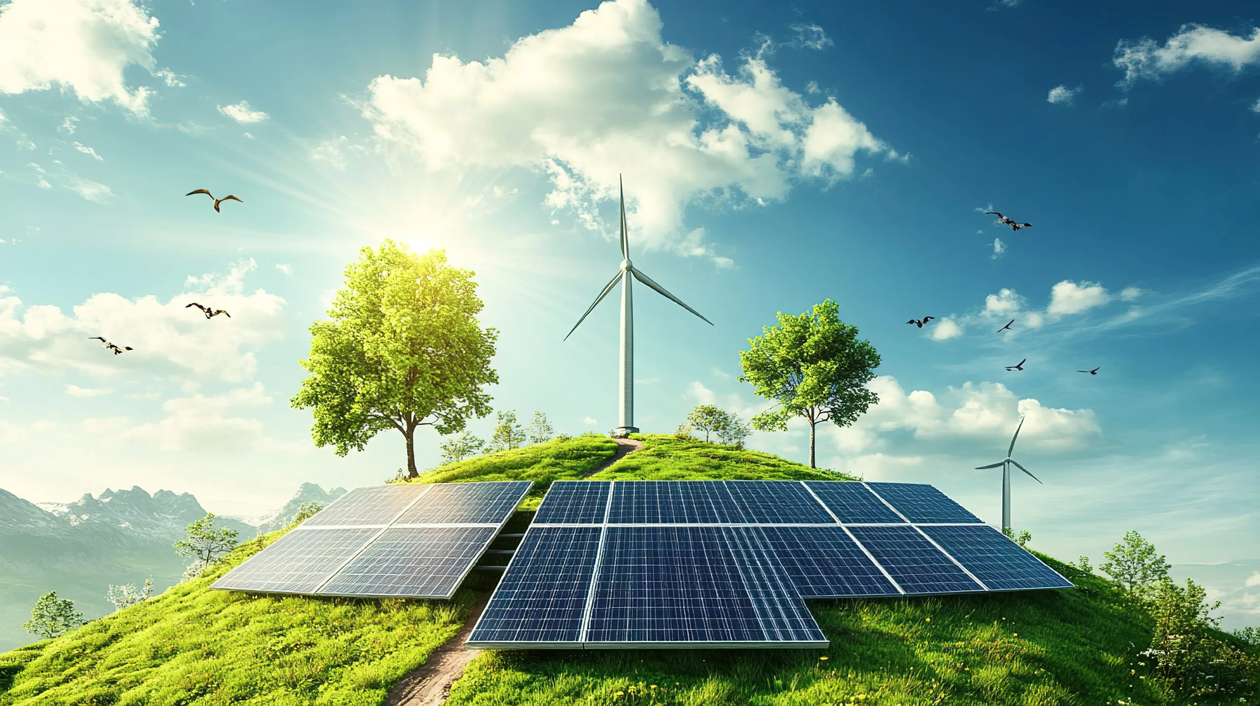 Australia Renewable Energy Market Outlook to 2035 renewable-energy-sources-with-solar-panels-wind-turbines-green-hill-bright-blue-sky-scaled