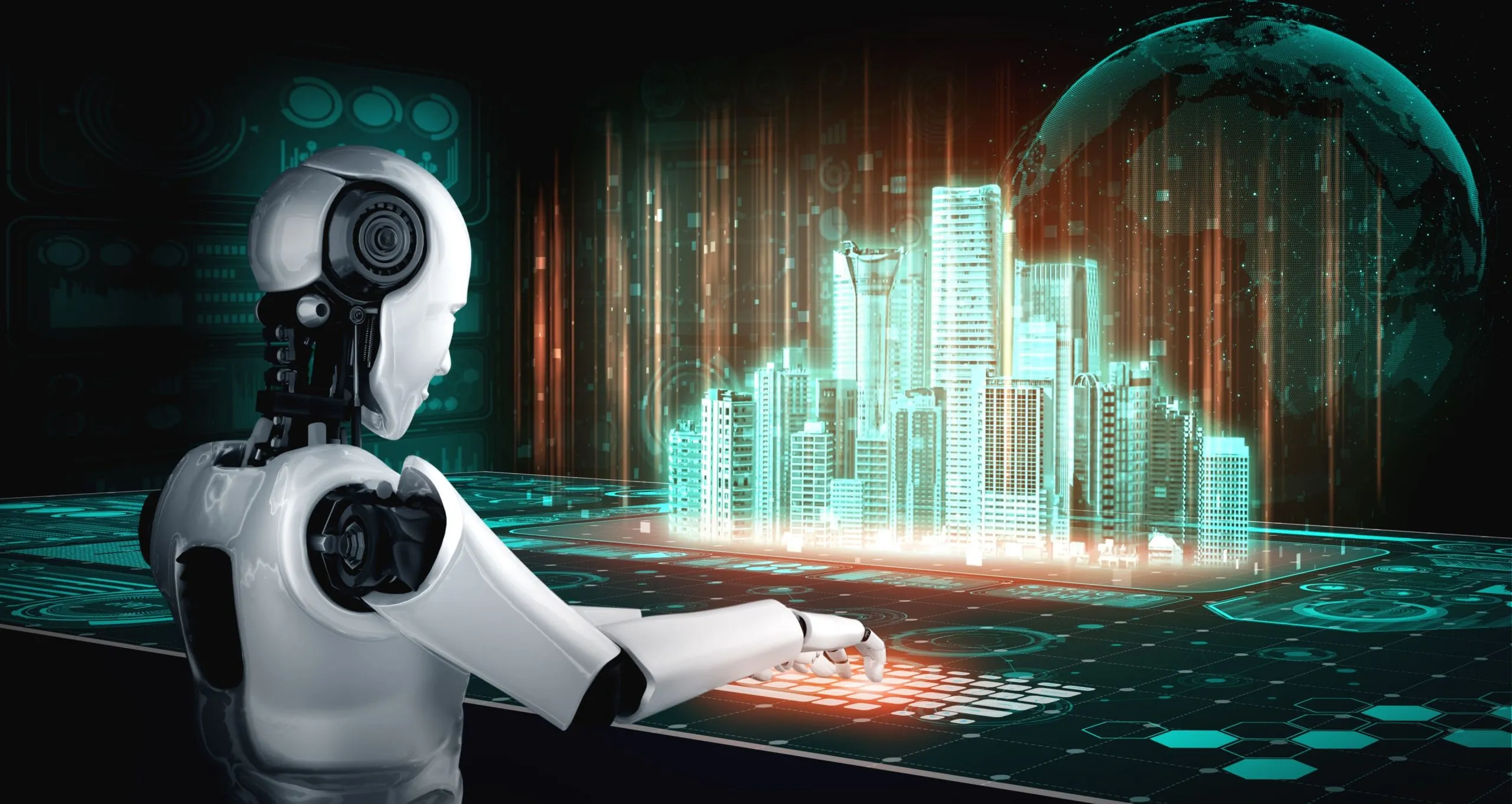 Nigeria AI Infrastructure Market Outlook to 2035 robot-humanoid-use-laptop-sit-table-global-network-connection-1-scaled