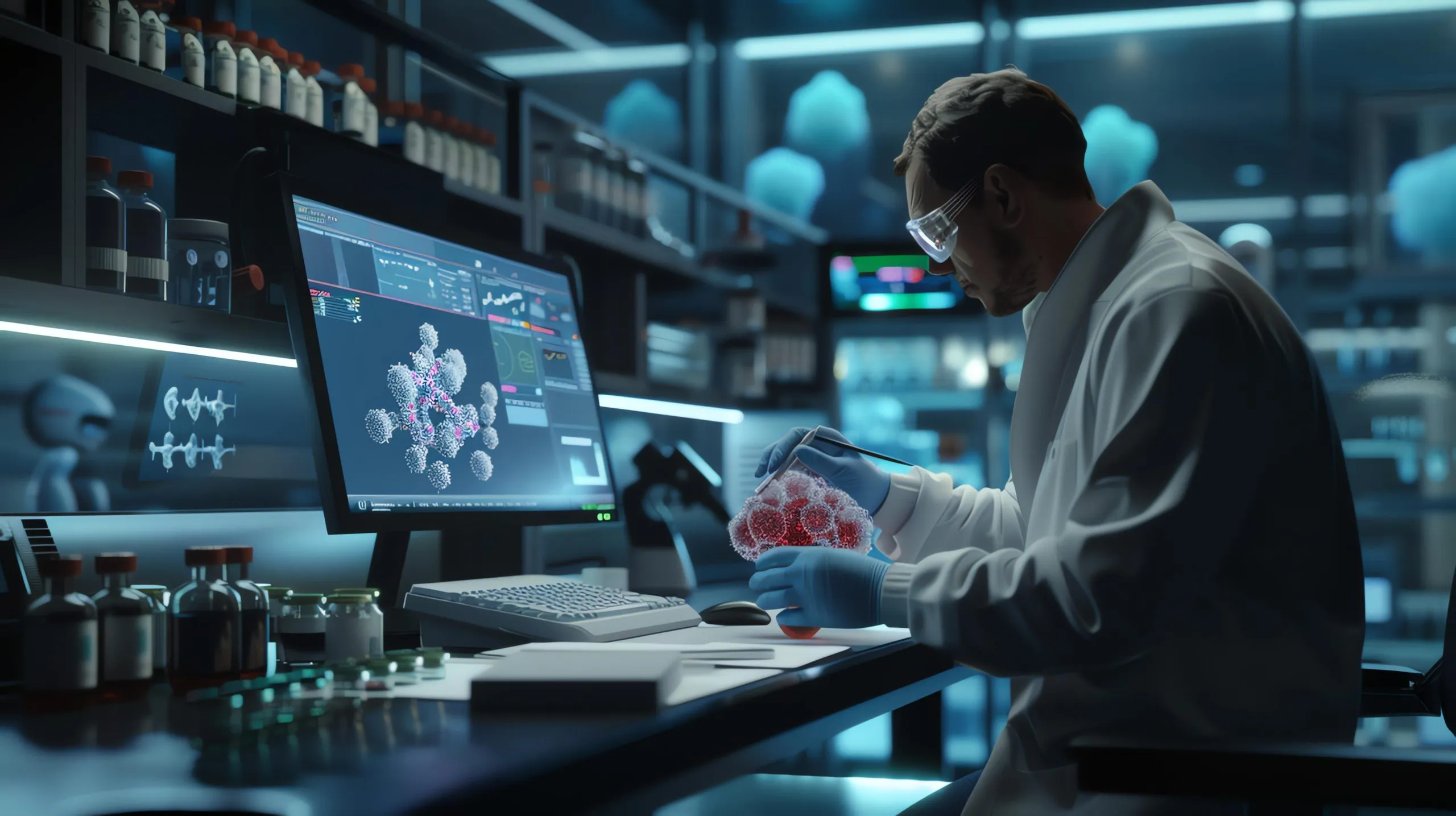 Philippines Predictive Biomarkers Market Outlook 2035 scientist-wearing-protective-eyewear-gloves-works-modern-laboratory-he-examines-3d-printed-model-virus-while-using-computer-scaled